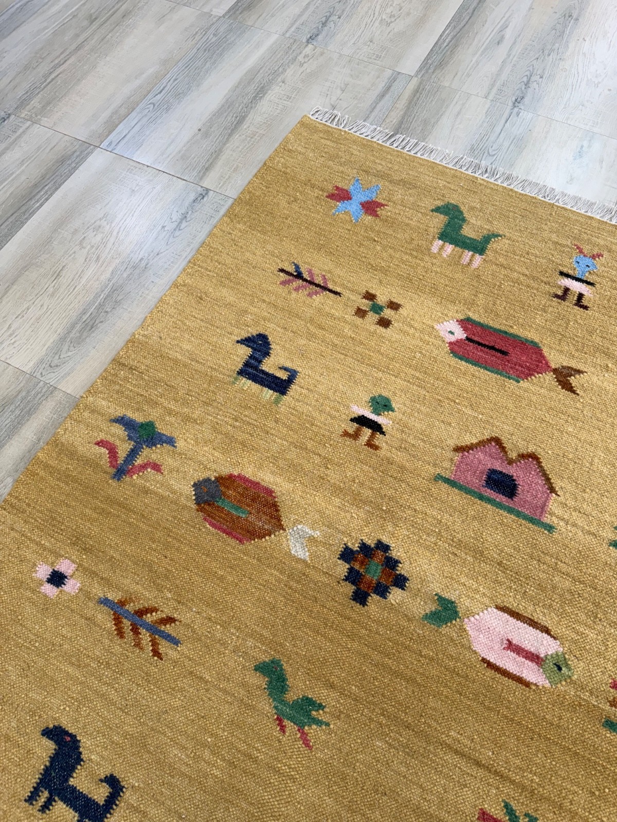 Hand Woven Wool Area Rug 4×6 Mustard Tribal Folk Art Scandinavian Kilim for Kids