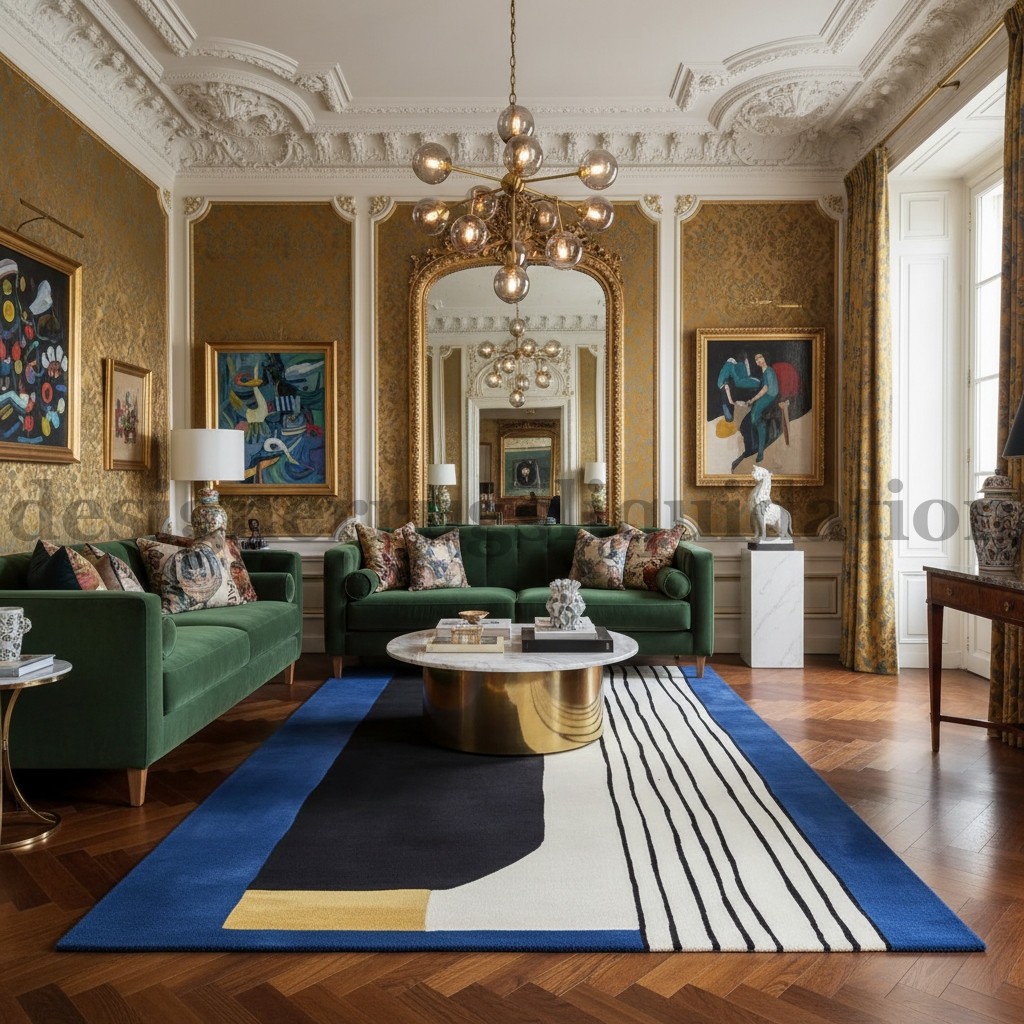 Modern Abstract Geometric Striped Hand Tufted Wool Blue Black White Area Rug