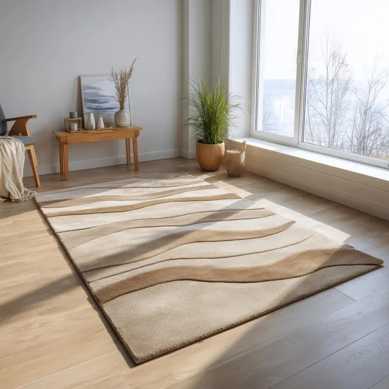 Handmade Wool Area Rug, Beige Cream Wavy Abstract, Coastal Decor rug