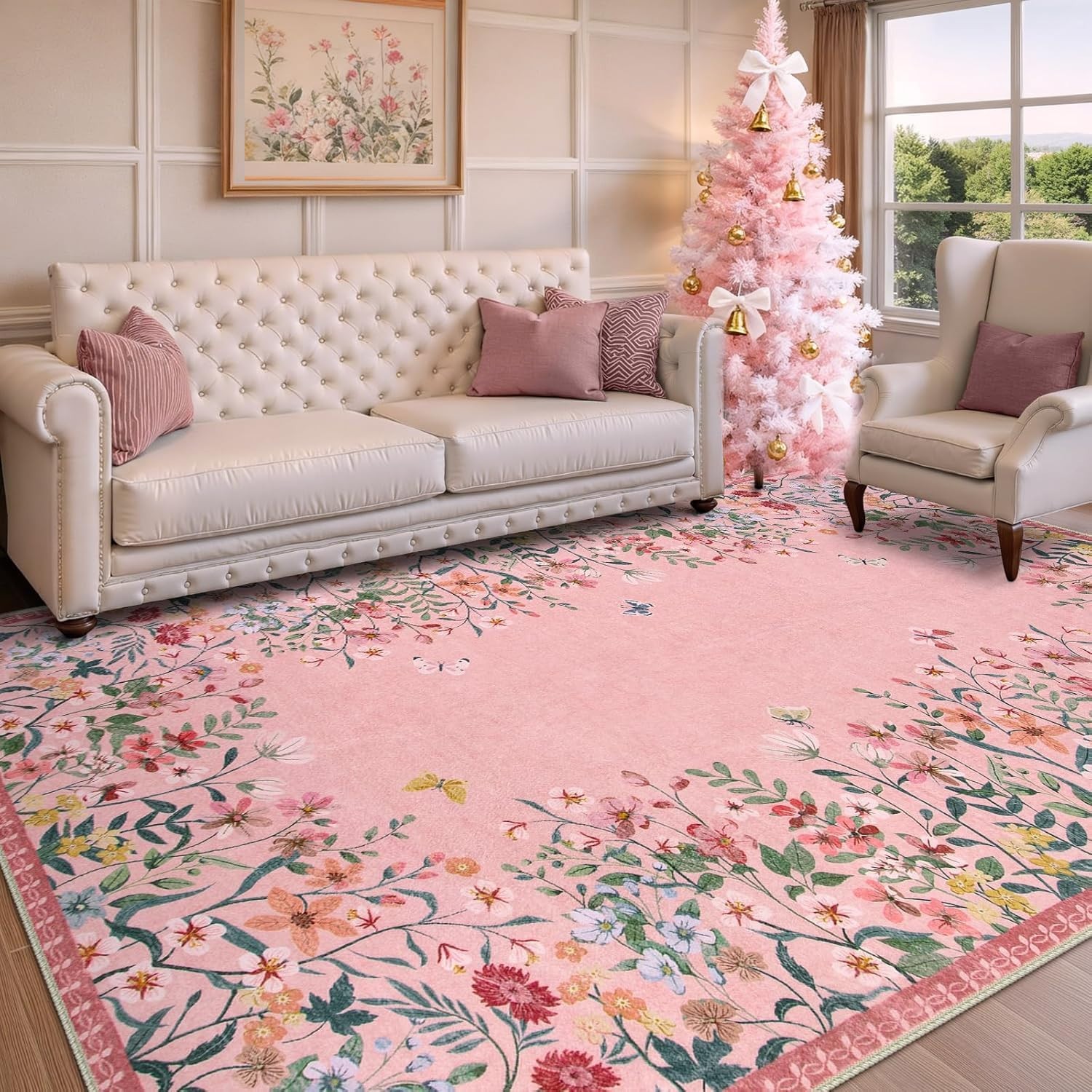 Wonnitar 5×7 Pink Washable Rug – Non-Slip Floral Area Rug for Bedroom