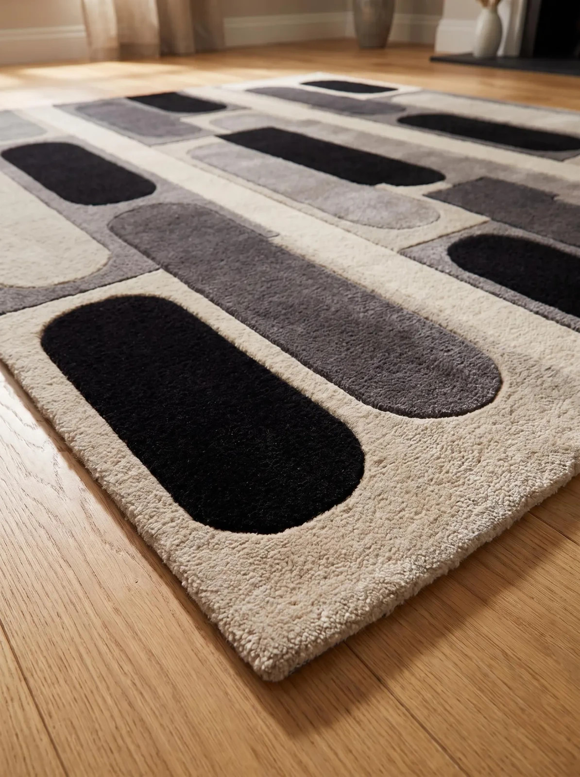 Modern Geometric Wool Rug, Black Gray Cream Area Rug, Abstract Arch Pattern Rug,