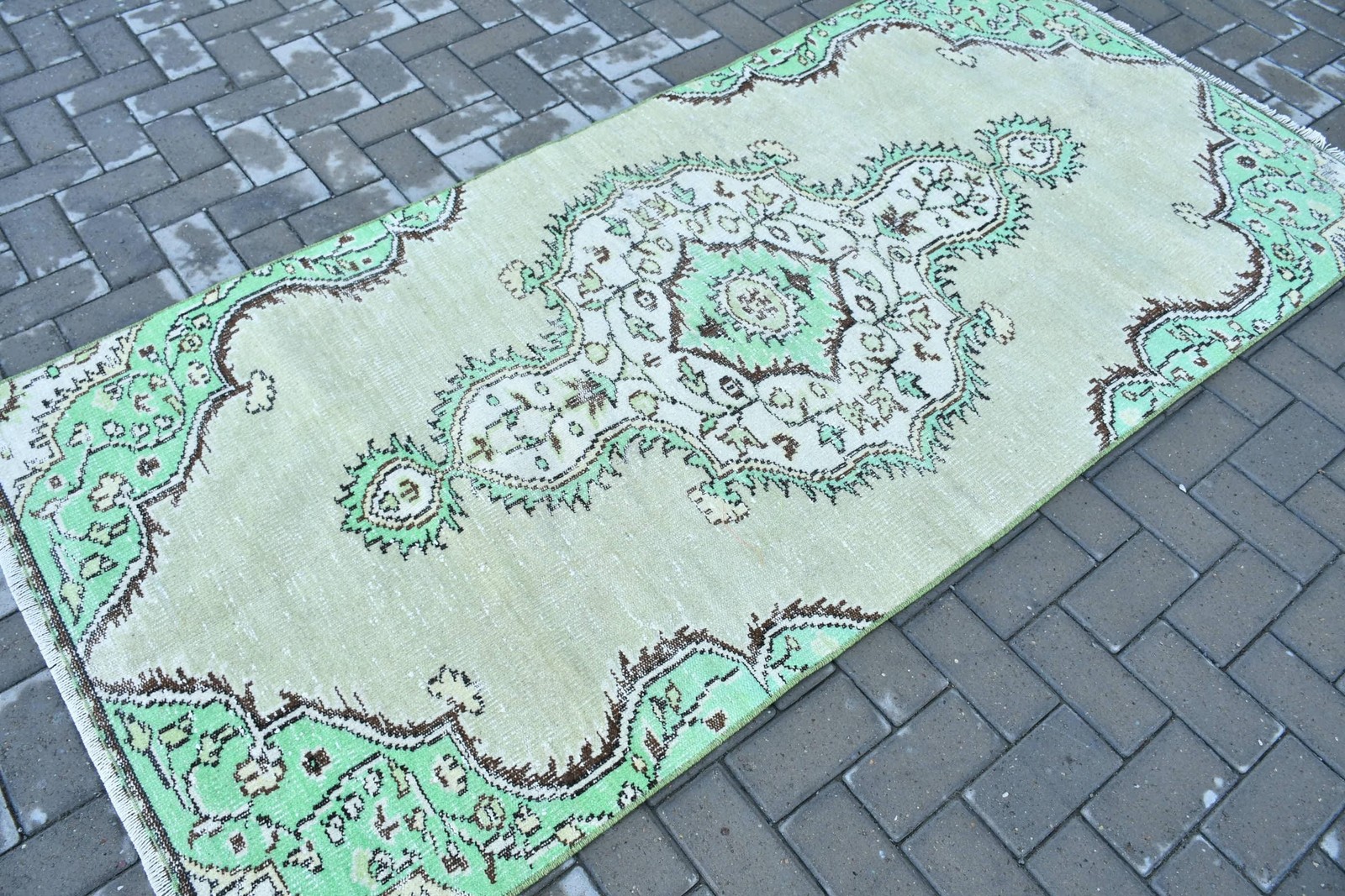 Vintage Rug, 3,6×7,7 ft Area Rug, Green Camouflage Wool Turkish Rug