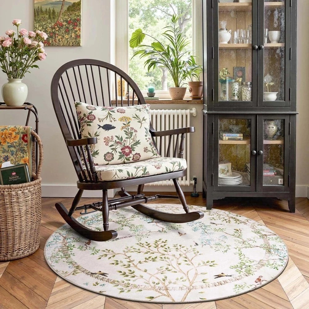 Round Rugs 4ft Ivory Botanical Birds Print Machine Washable 4′ Circle Nature …