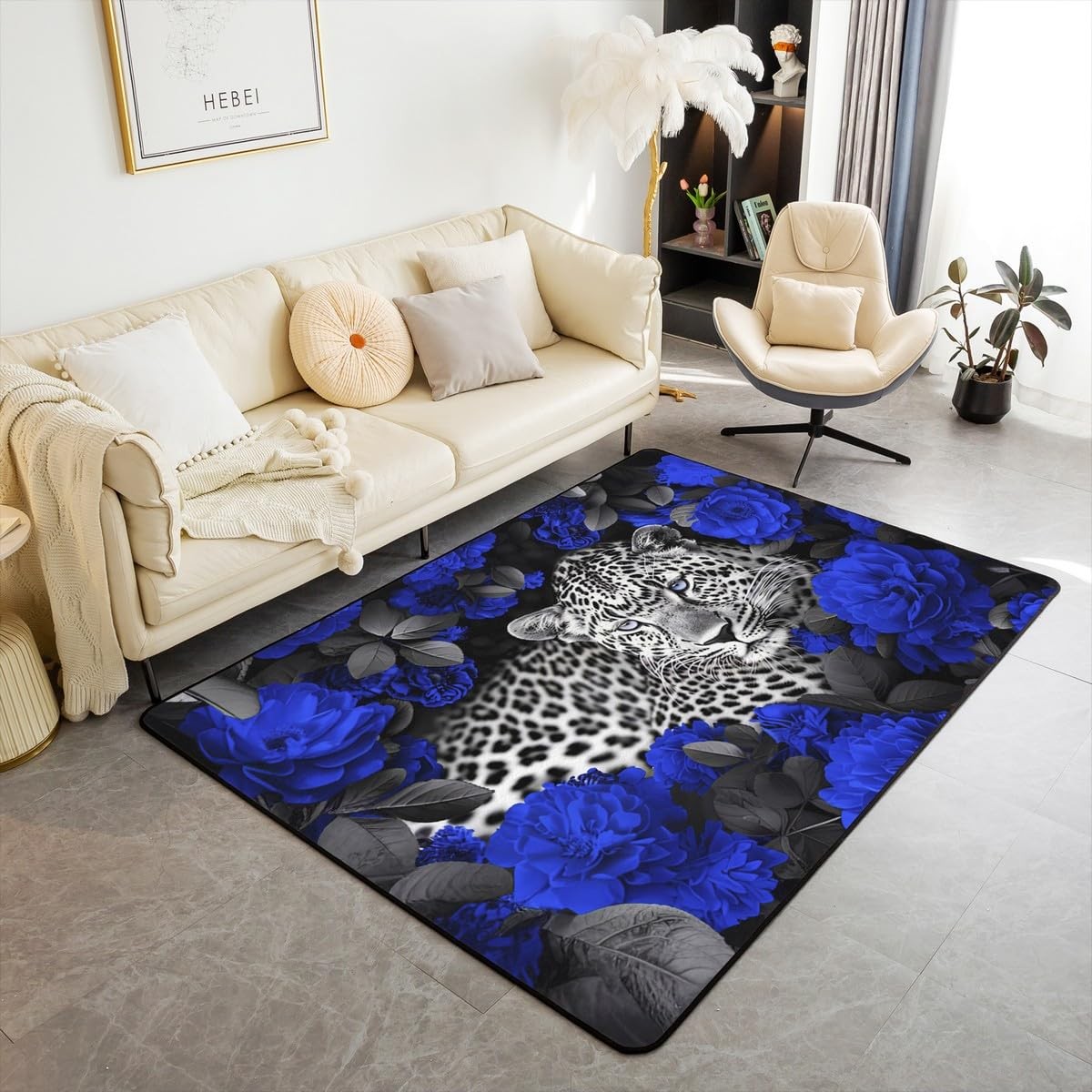 Erosebridal 3D Leopard Area Rug Blue Rose Cheetah Print Rug 3X5 For Kids