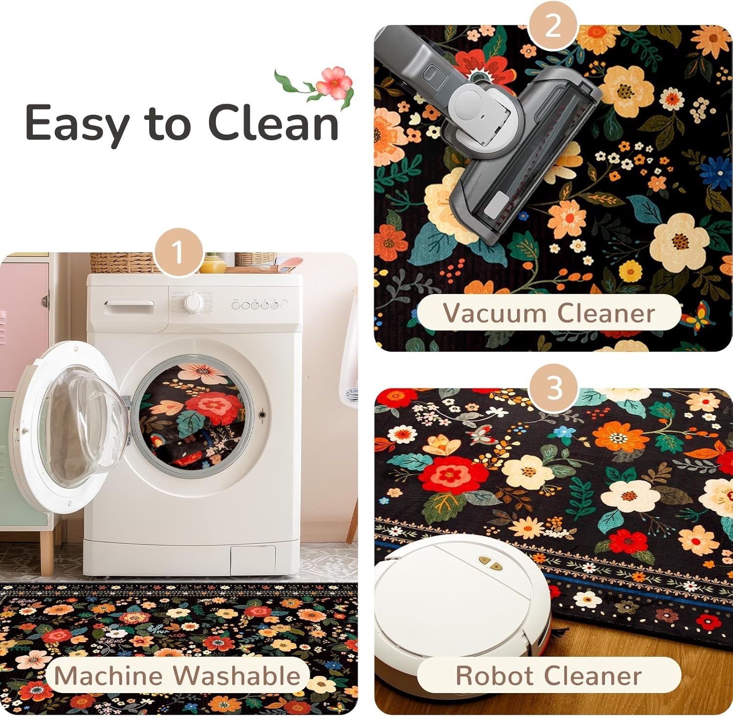Elegant 3′ x 5′ Bohemian Floral Printed Rug – Vacuum Friendly & Easy Care