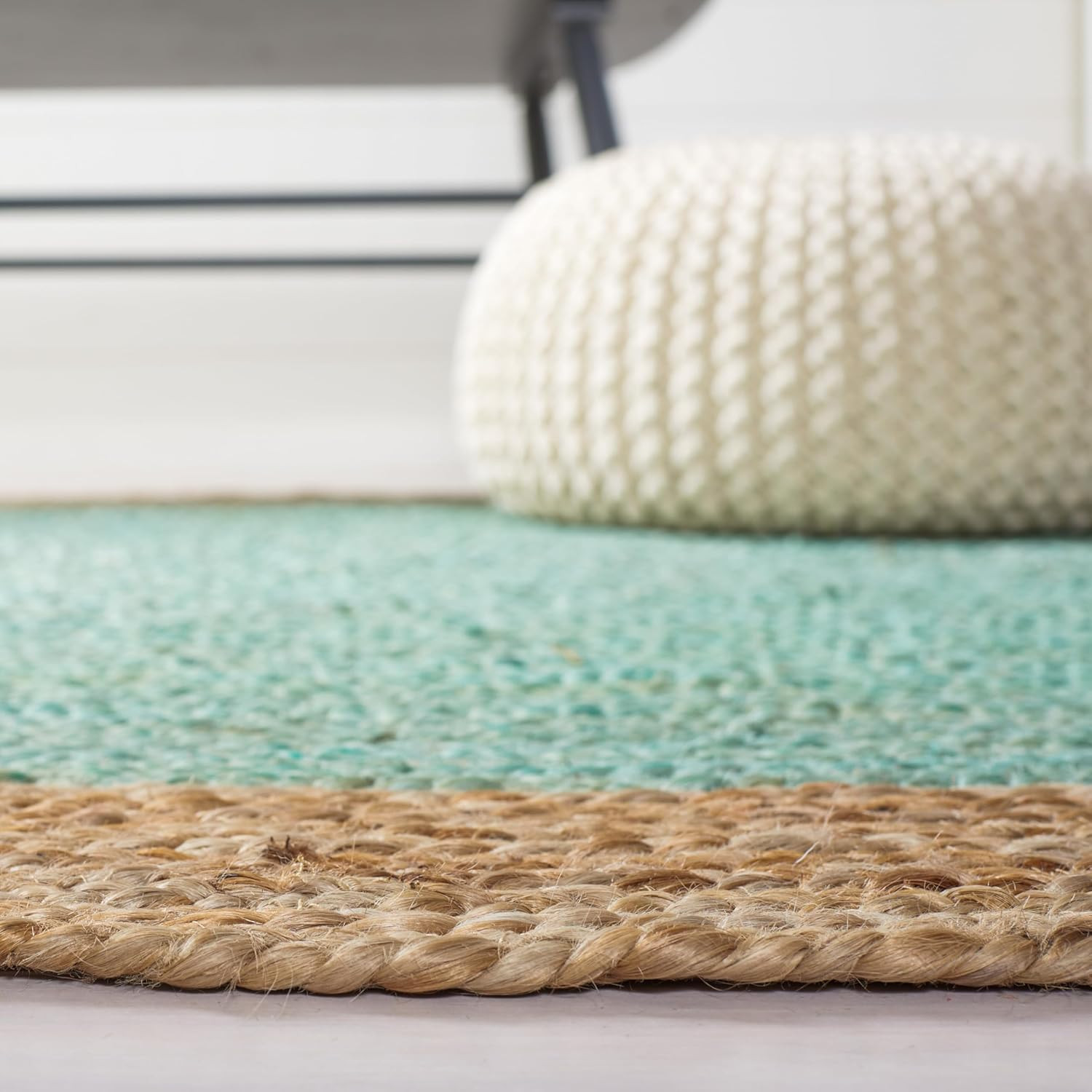 Handmade 6×9 Oval Jute Area Rug – Aqua Blue & Natural Brown, Braided Design