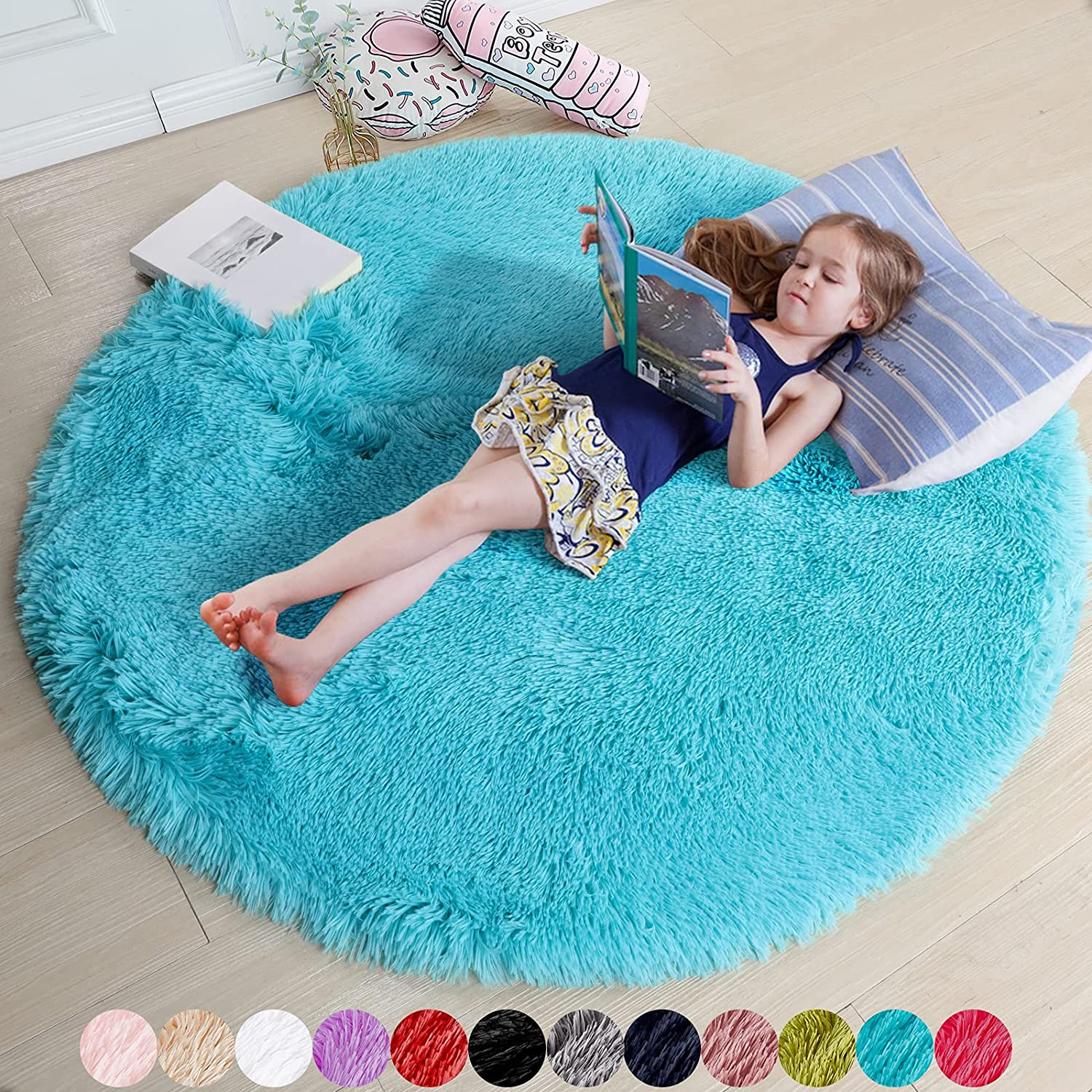 Grass Green round Rug 4Ft for Bedroom, Fluffy Shag Circle Area Rugs for Kids Roo