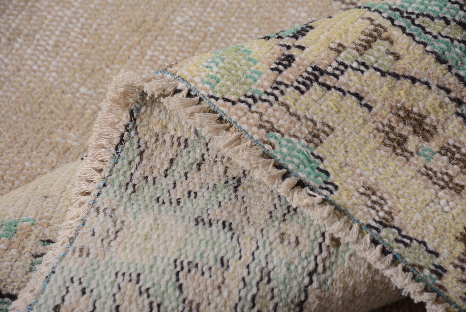 5,6×9,5 ft Vintage Large Rug, Beige Blue Turkish Solid Wool Rug