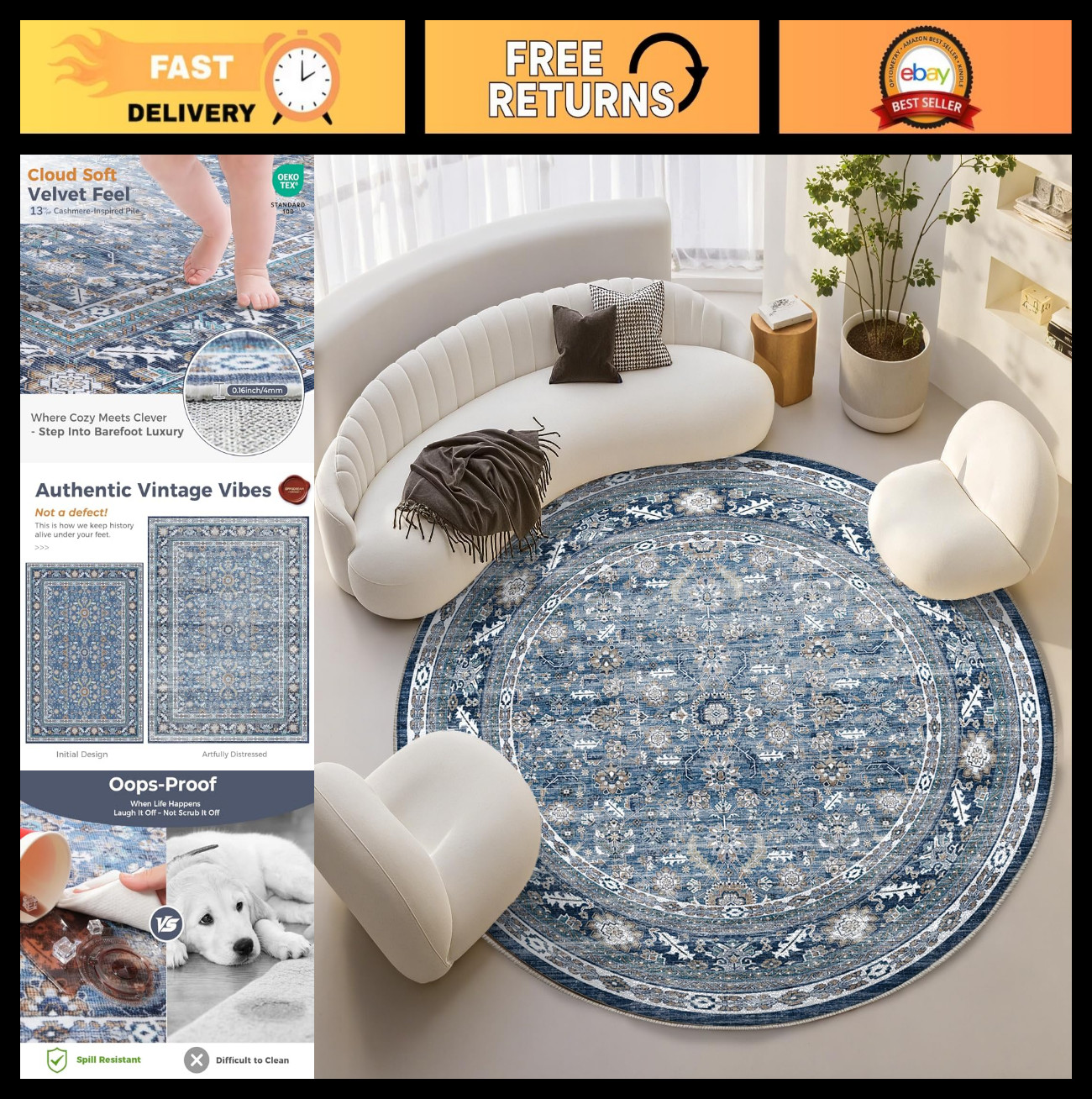 Vintage Blue Round Rug 8ft – Washable Non-Slip Low-Pile Circular Carpet for Home