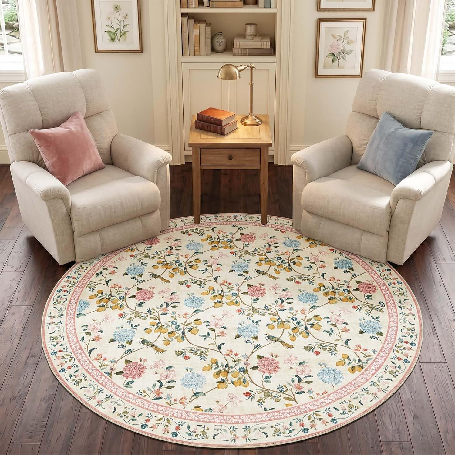 6Ft Circle Rug, Floral Soft Carpets Washable Non Slip, Botianical Flower Printed