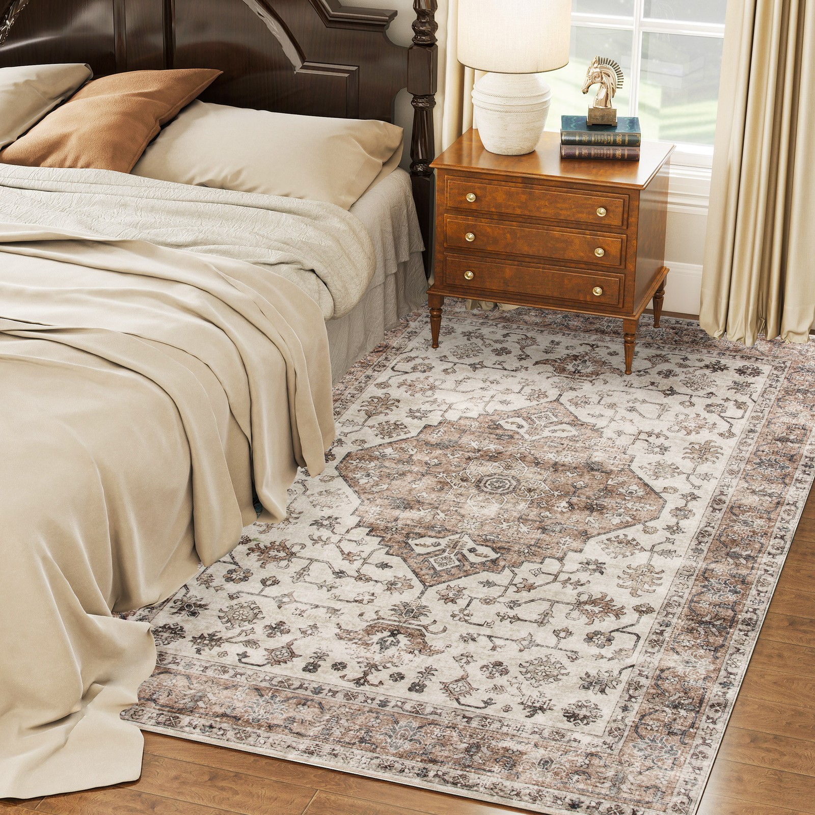 5×7 Area Rug, Vintage Machine Washable Rug for Living Room, Tan