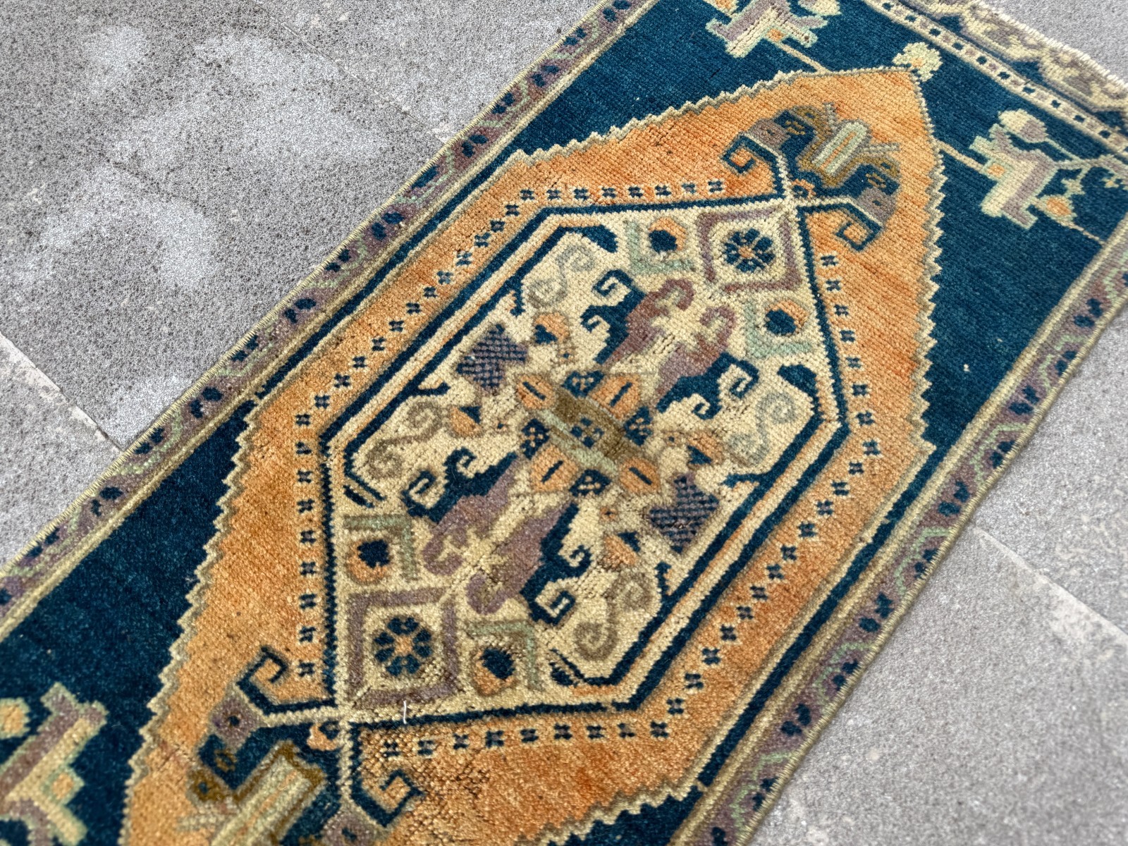 Handwoven Anatolian Accent Carpet 1.4×3.1 Ft Navy Camel Tribal Wool Decor
