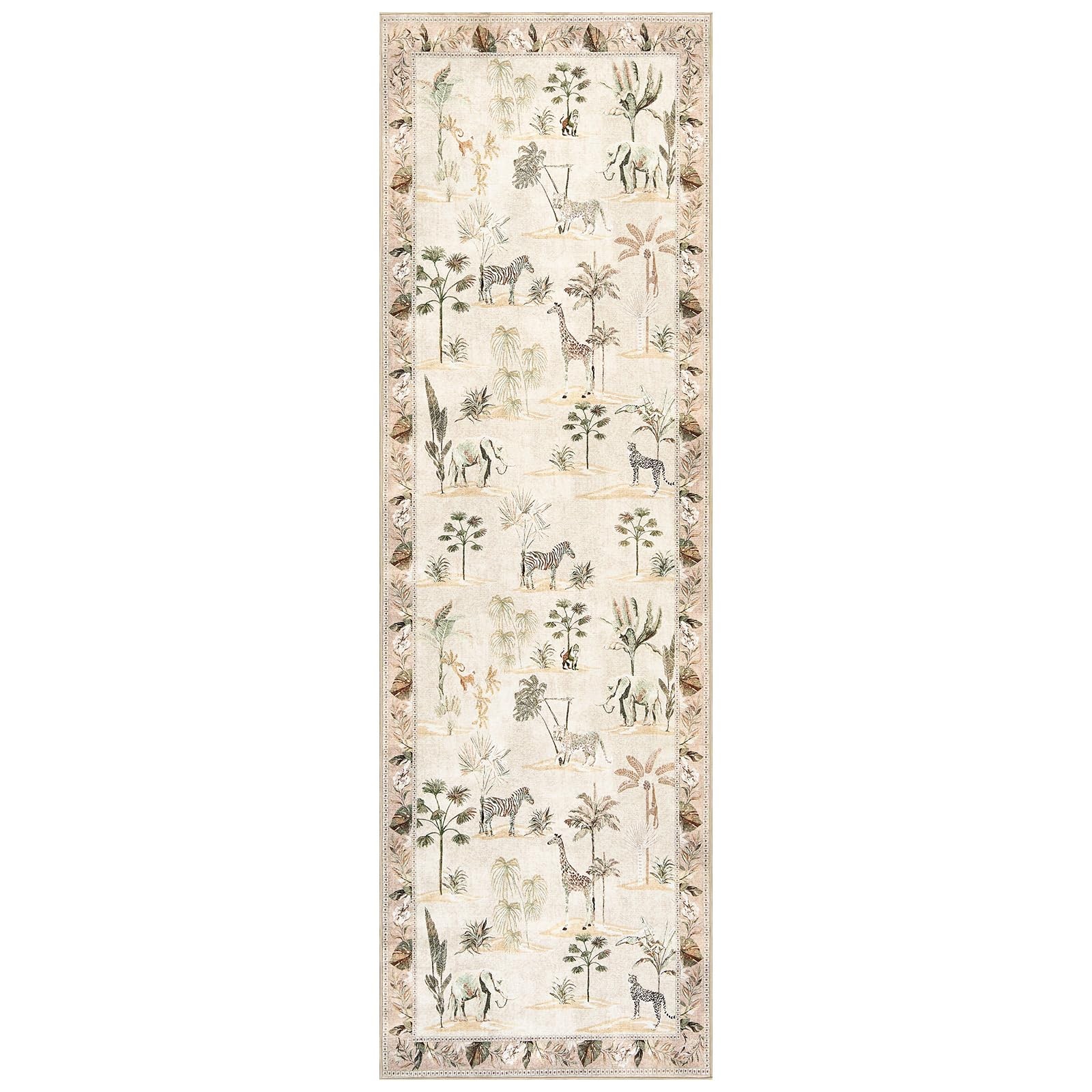 3×10 Runner Rug Beige Jungle Animals Print, Modern Hallway Washable Runner Ru…