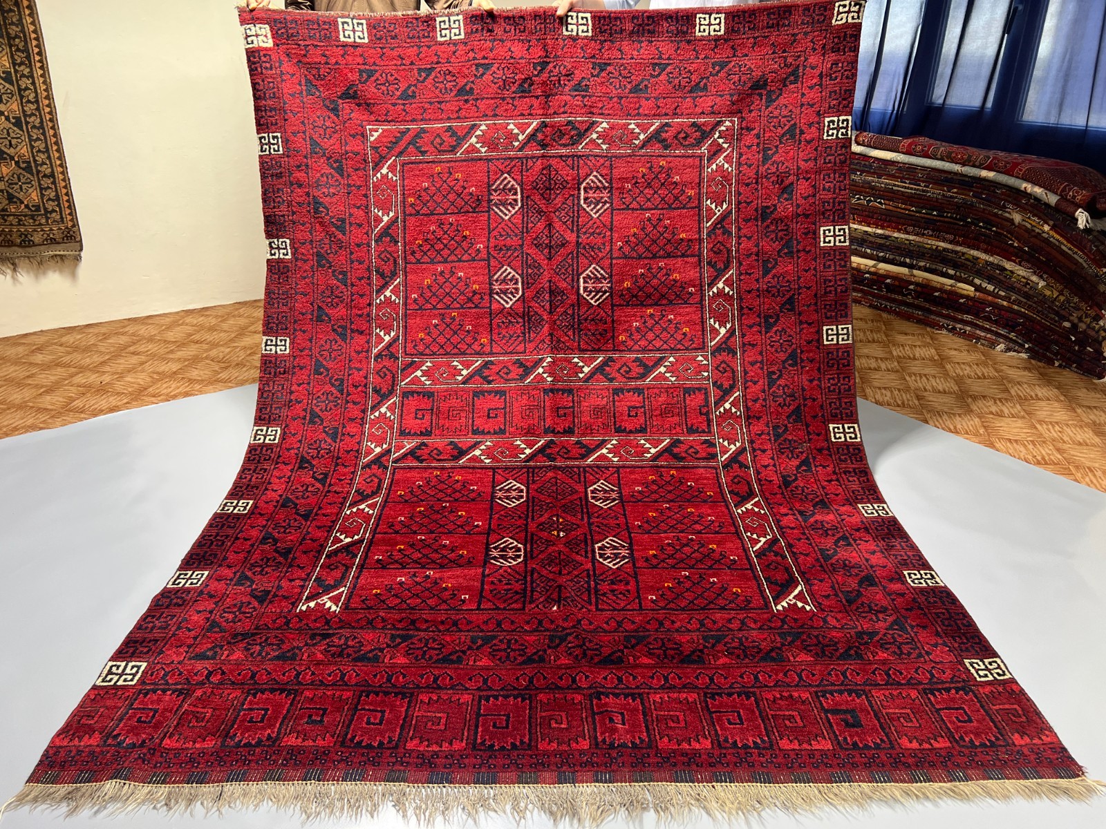 5×7 Turkoman Rug Hand-Knotted Afghan Wool Carpet with Tribal Compartment Design