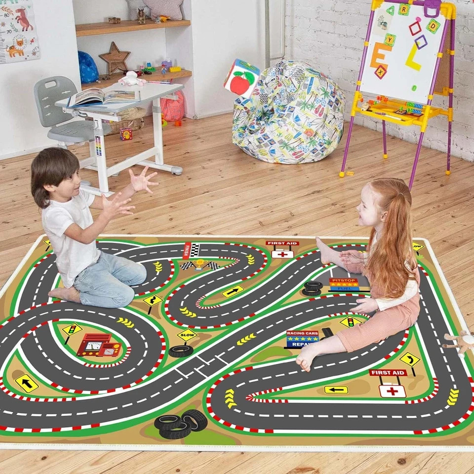 Kids Rug Race Track Play mat Playroom Car Rugs for 2.6×3.9ft, Race-green