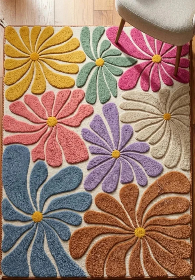 Colorful Botanical Multi-Textured Tufted Carpet for Living Room, Hand-Tufted Woo