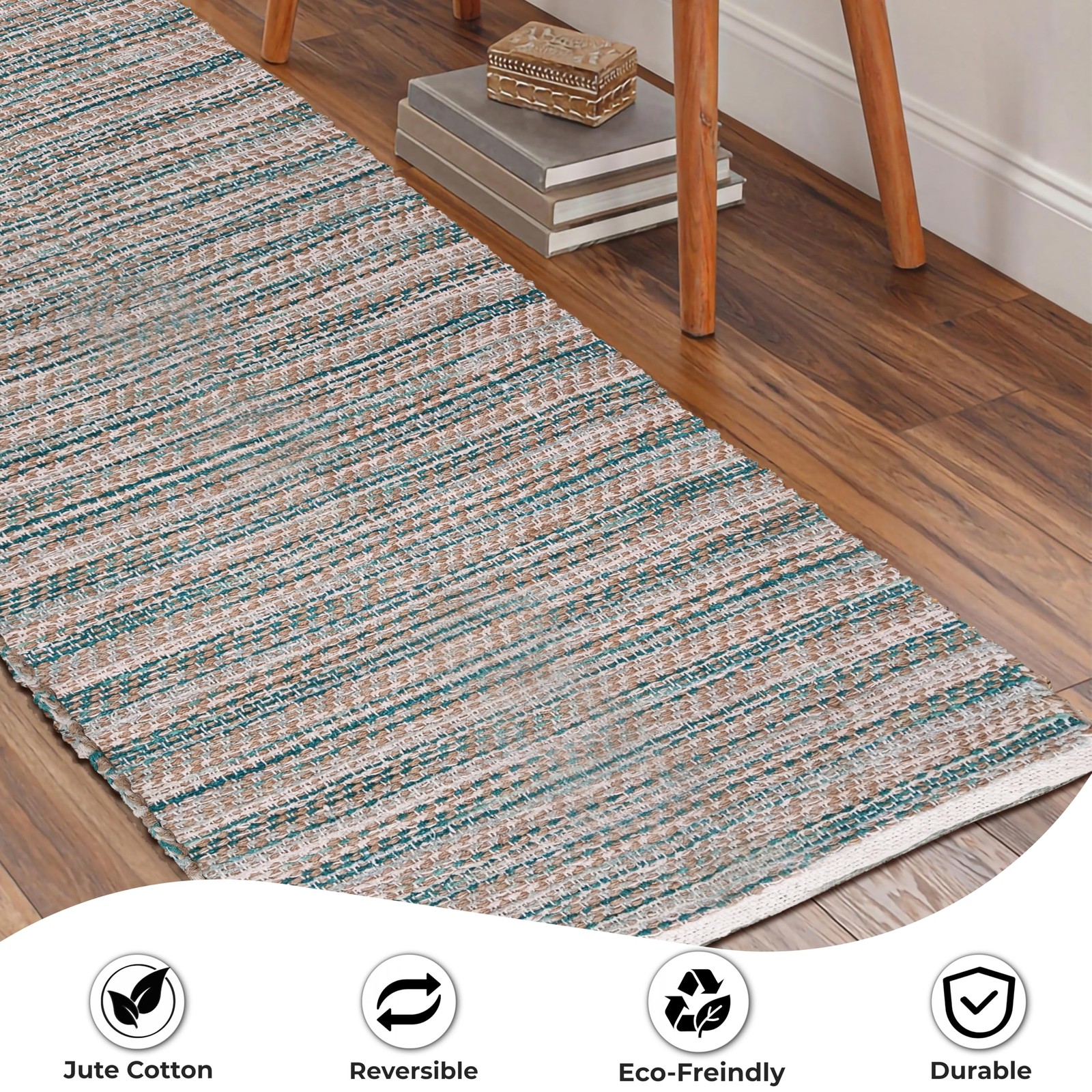 Jute Woven Runner Rug 2’x6′ – Teal, Reversible Boho Entry Area Rugs for Hallw…