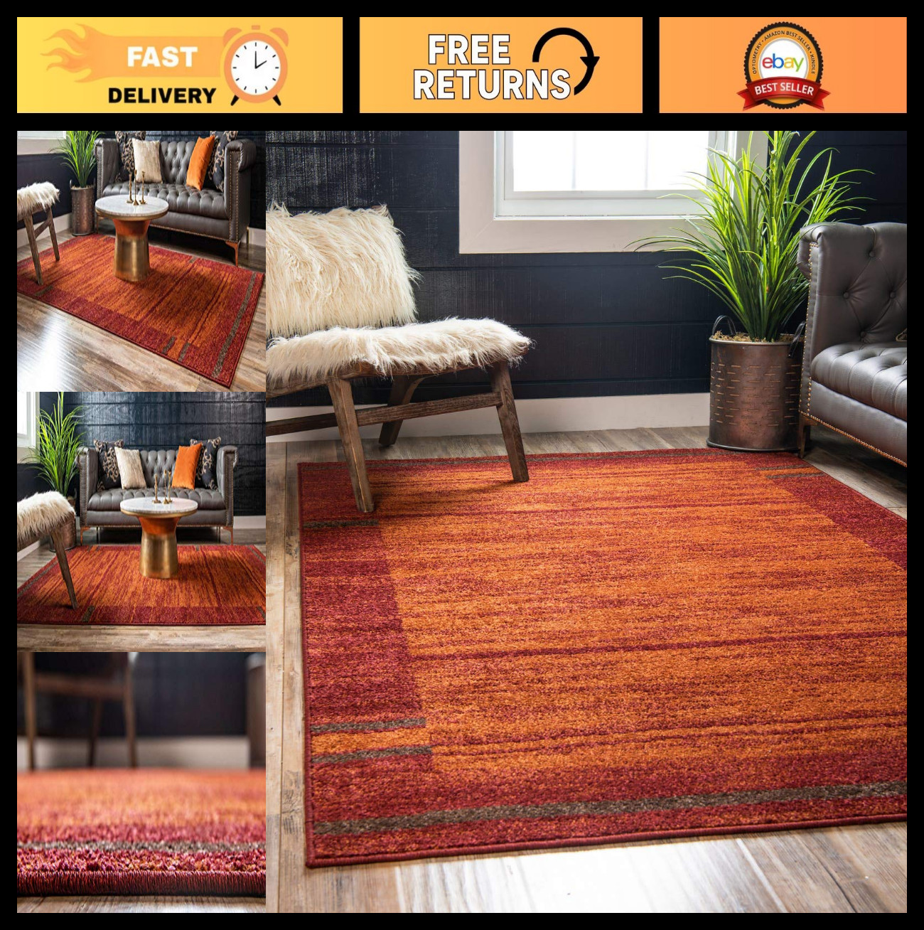 Modern Abstract Area Rug 5×8 ft – Autumn Casual Design, Terracotta/Burgundy Bord