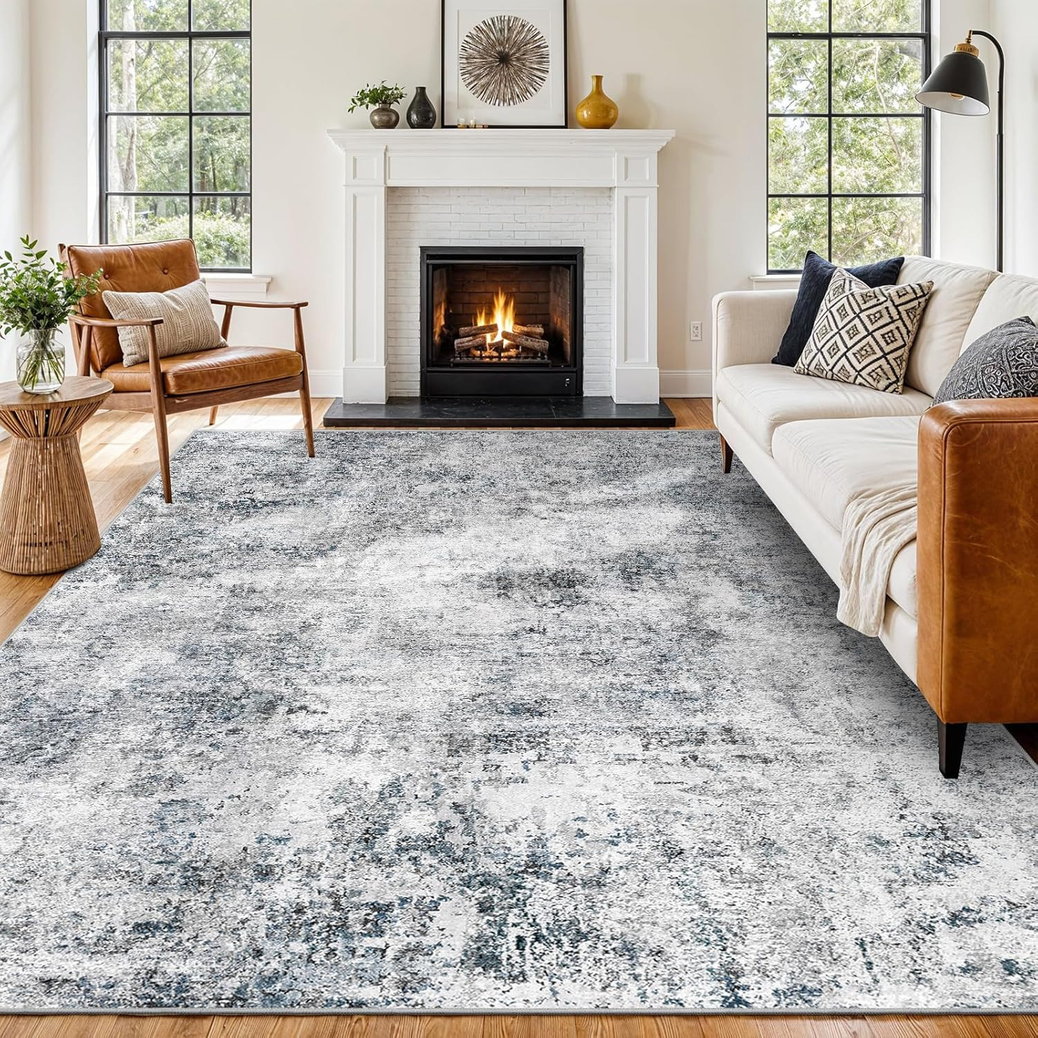 Modern 10X12 Washable Area Rug – Soft Non-Slip Abstract Design in Blue Gray