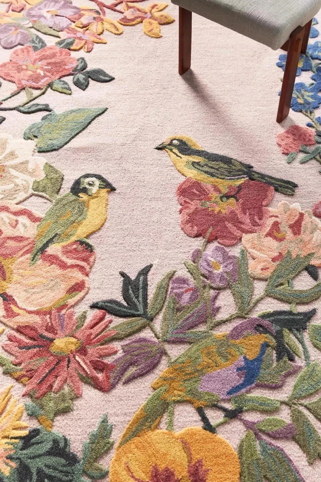 Pink Multicolor Hand Tufted Floral Bird Area Rug Pastel Wool Carpet Living Room