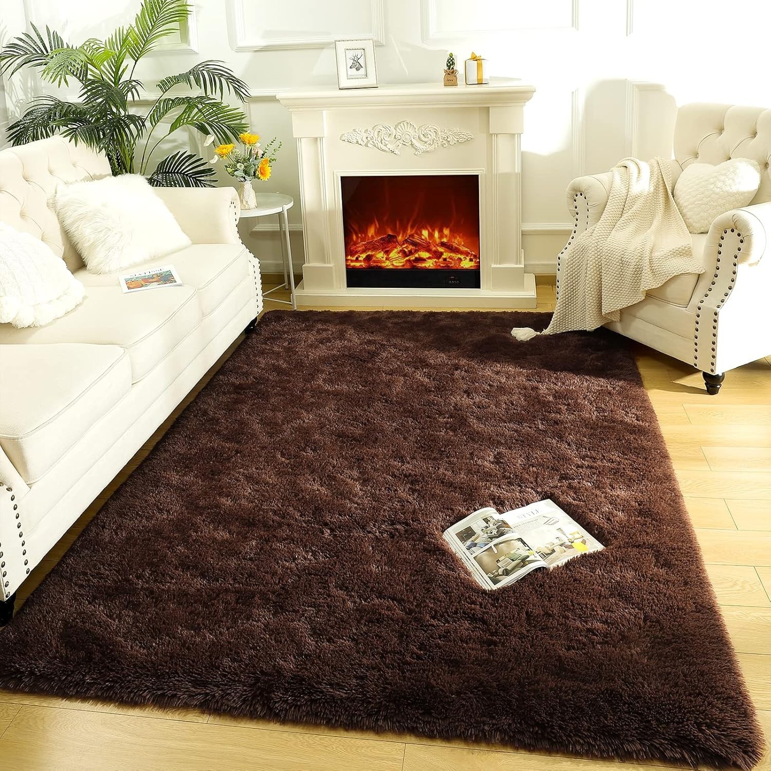 Fluffy Indoor Area Rug, Soft Brown Carpet for Living Room or Nursery Decor