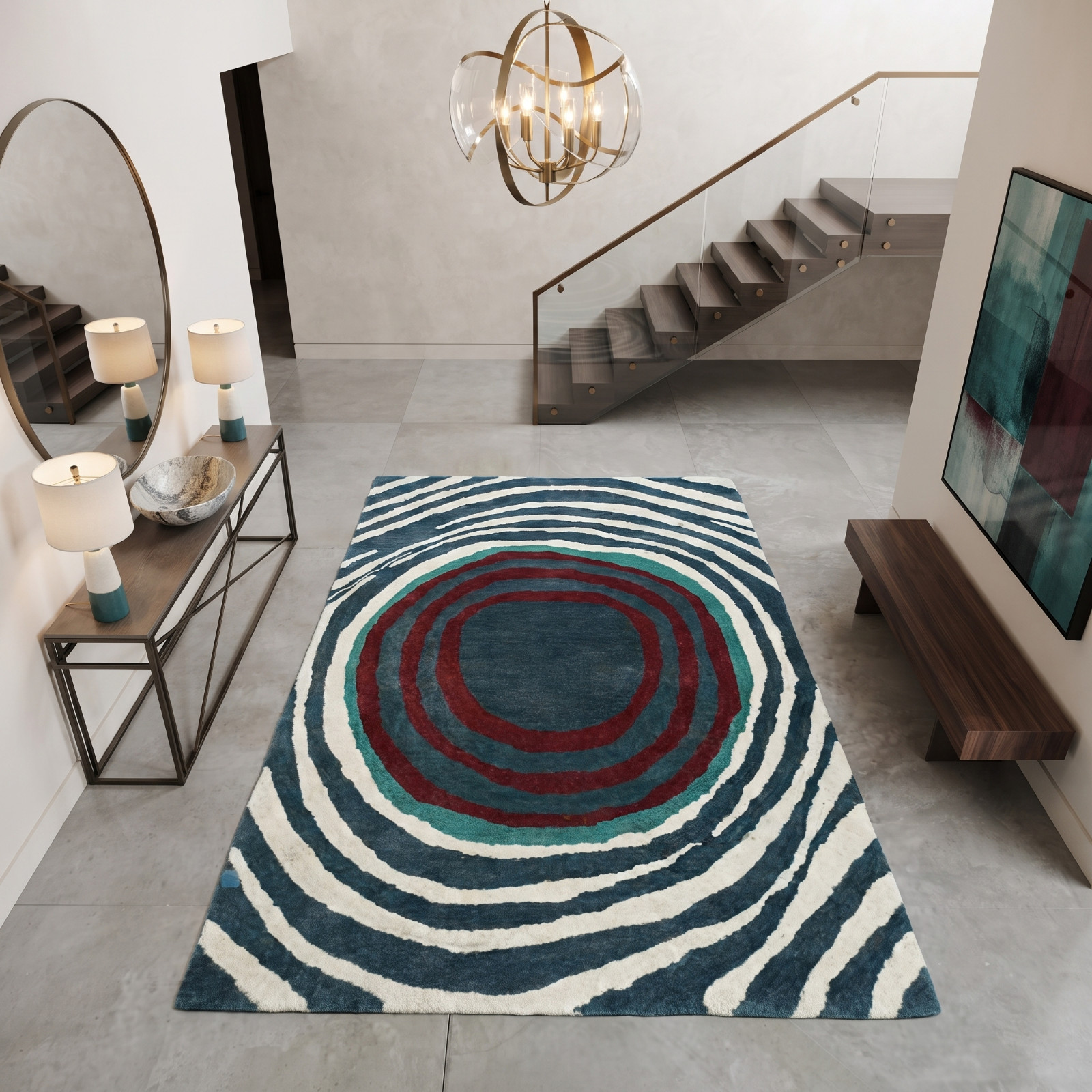 4×6 Blue Hand Tufted Wool Abstract Area Rug Modern Designer Carpet Custom Size