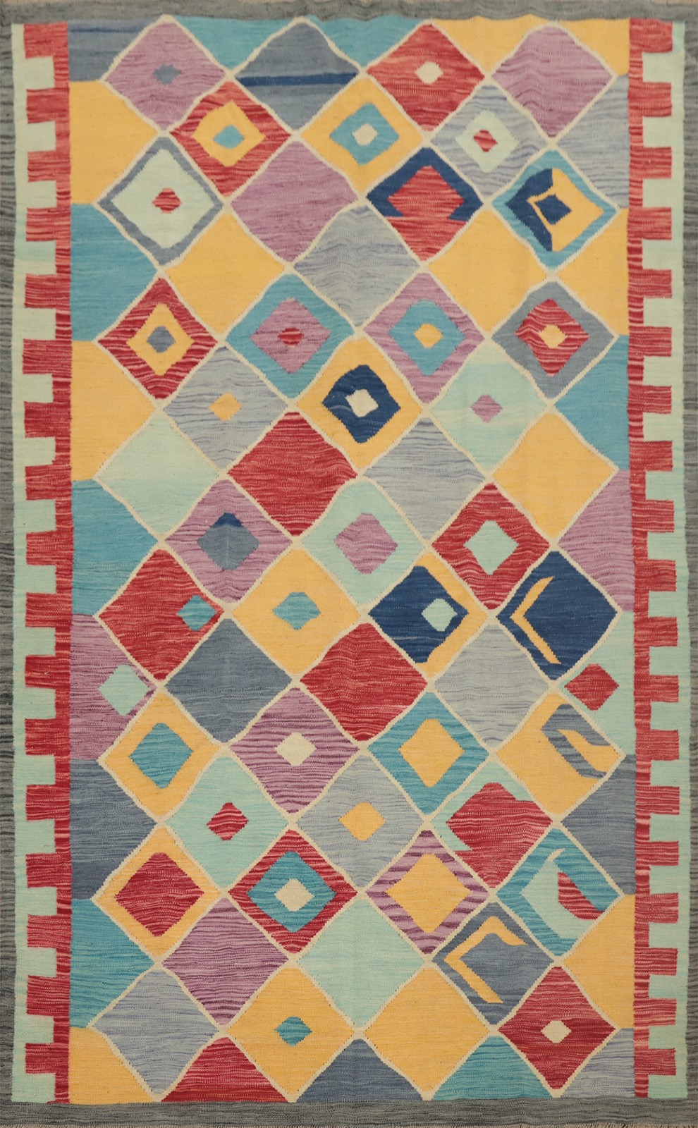 Vibrant Pastel Color Kilim Rug 6×8 Flat-weave Featuring Bold Geometric Design