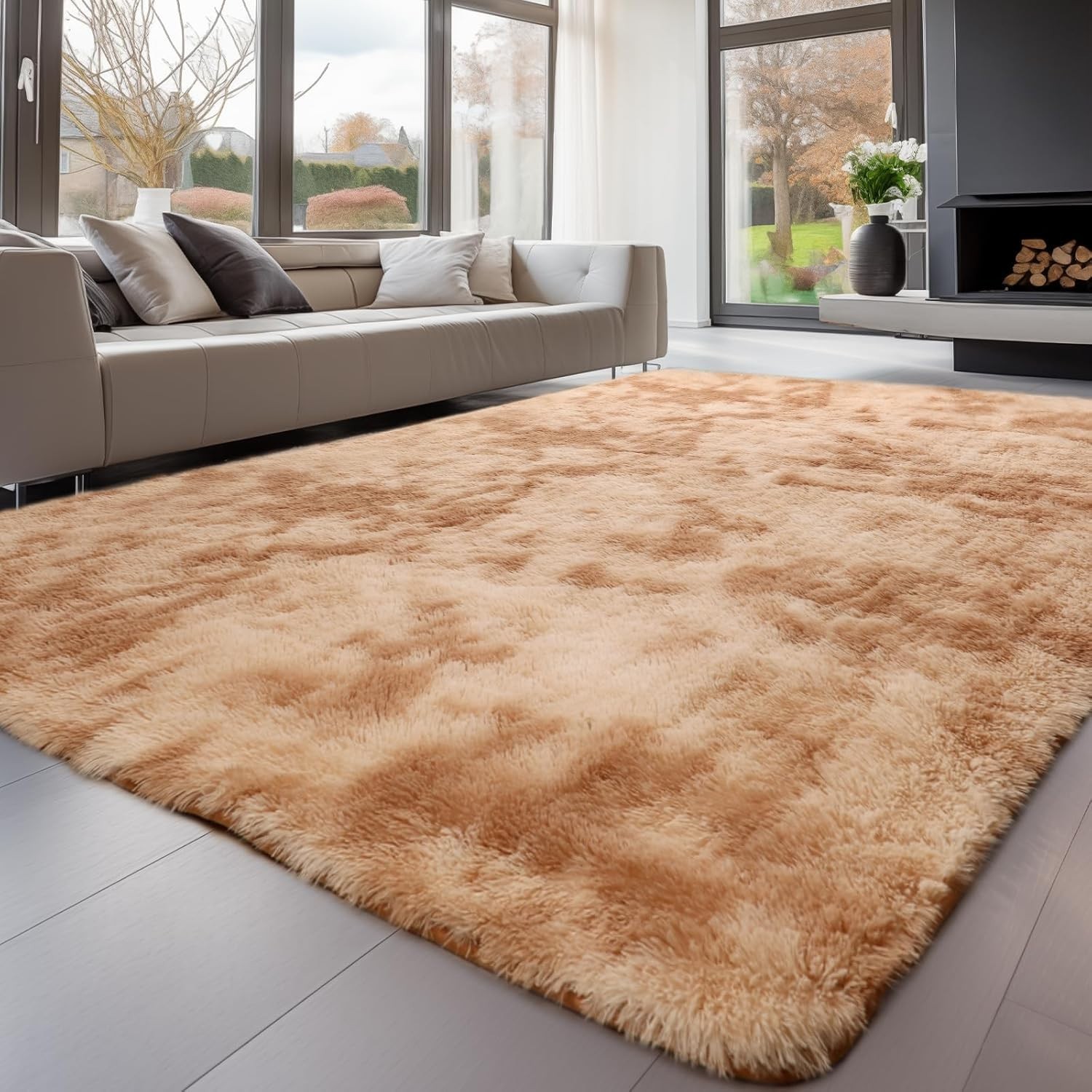 9×12 Living Room, Large Area Rug Soft Plush Carpet Machine Washable, Light Camel