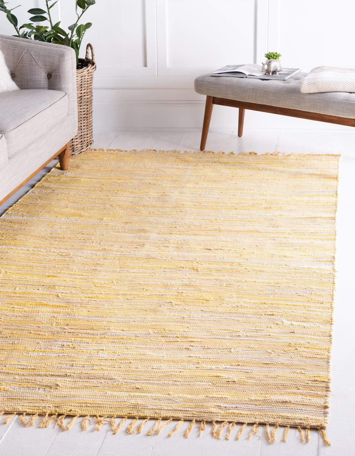Soft Hand Woven Chindi Cotton Striped Area Rug, 9×12 Ft, Yellow/Ivory