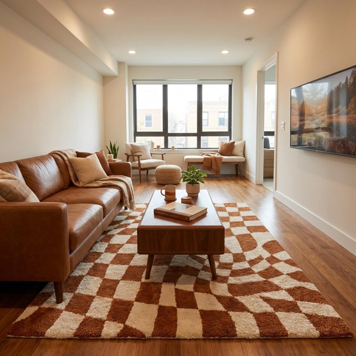 Hand Tufted Wool Rug Wavy Checkerboard Terracotta Cream Modern Area Rug Carpet.