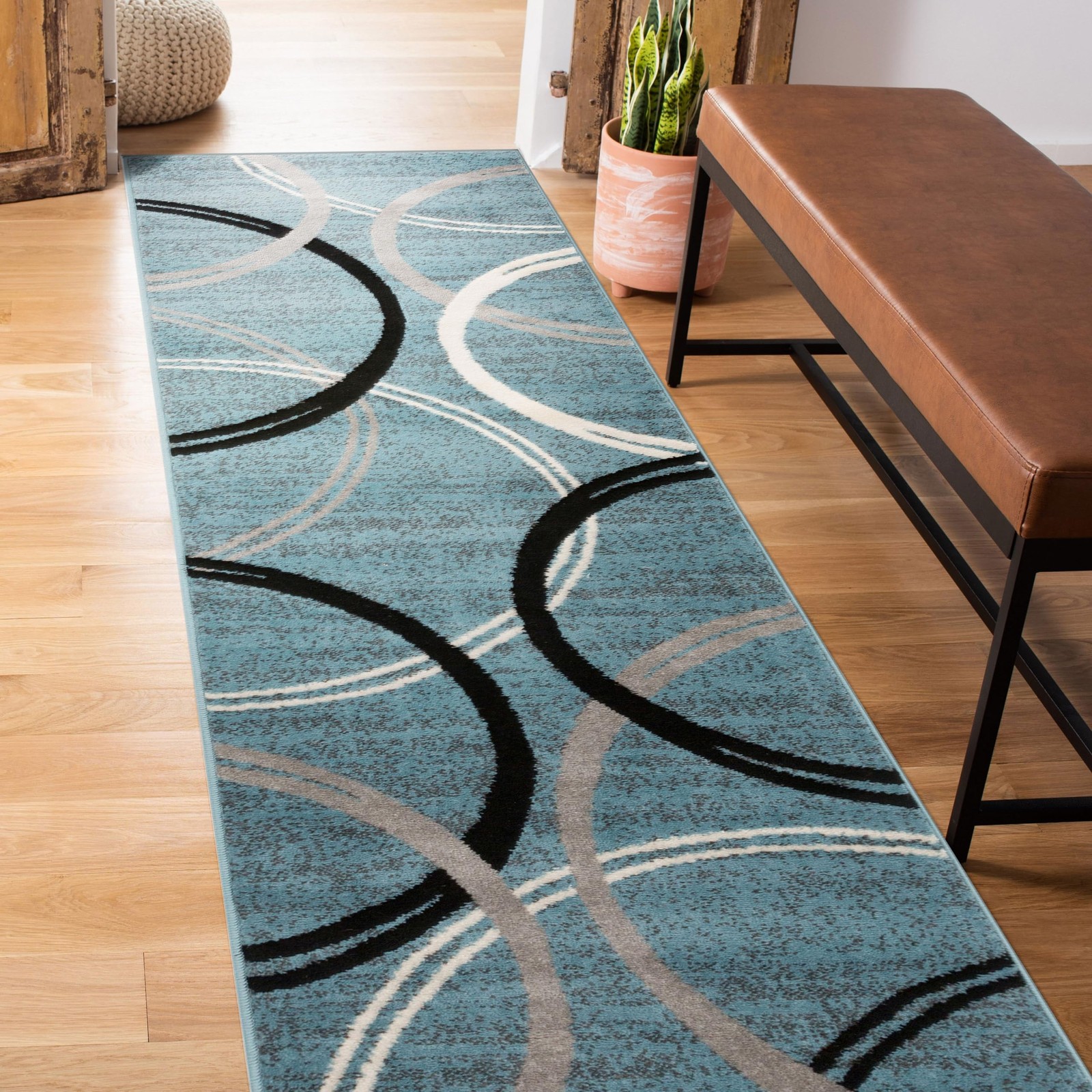 Rugshop Wavy Circles Modern Non-Shedding Runner 2′ x 7’2″ (Rectangular), Blue