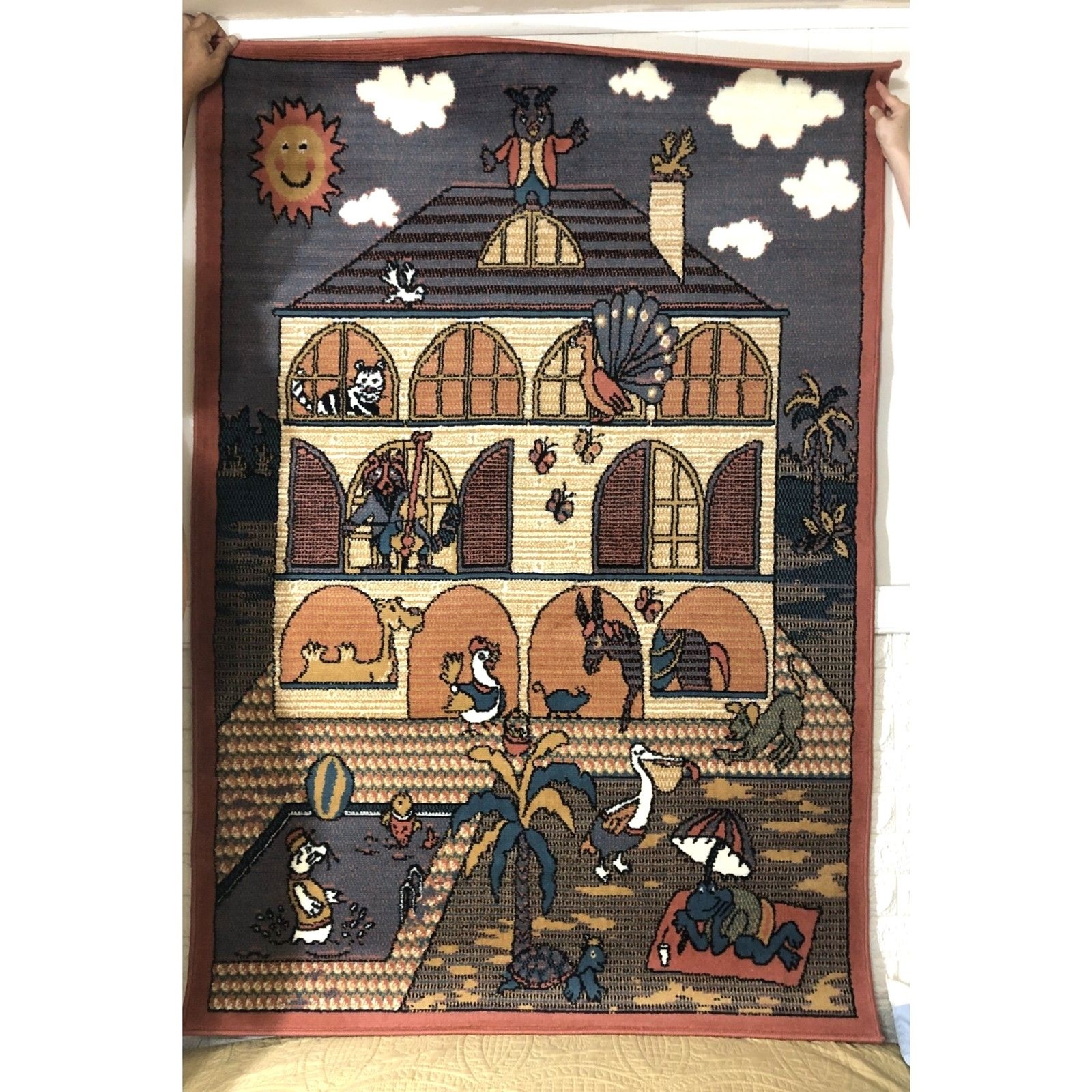 Vintage Animal House Tapestry Rug 49×70 NWOT Woven Wall Hanging Cartoon Pool