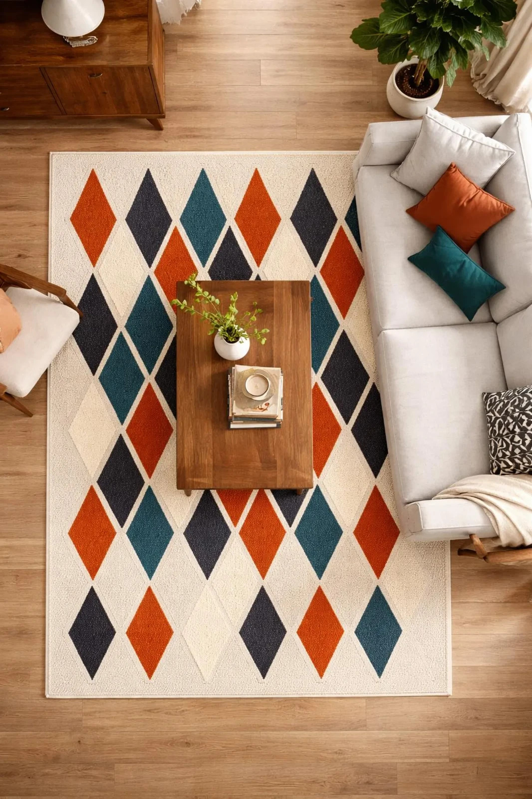 Hand Tufted Wool Rug – Mid Century Modern Diamond Pattern Area Rug Carpet