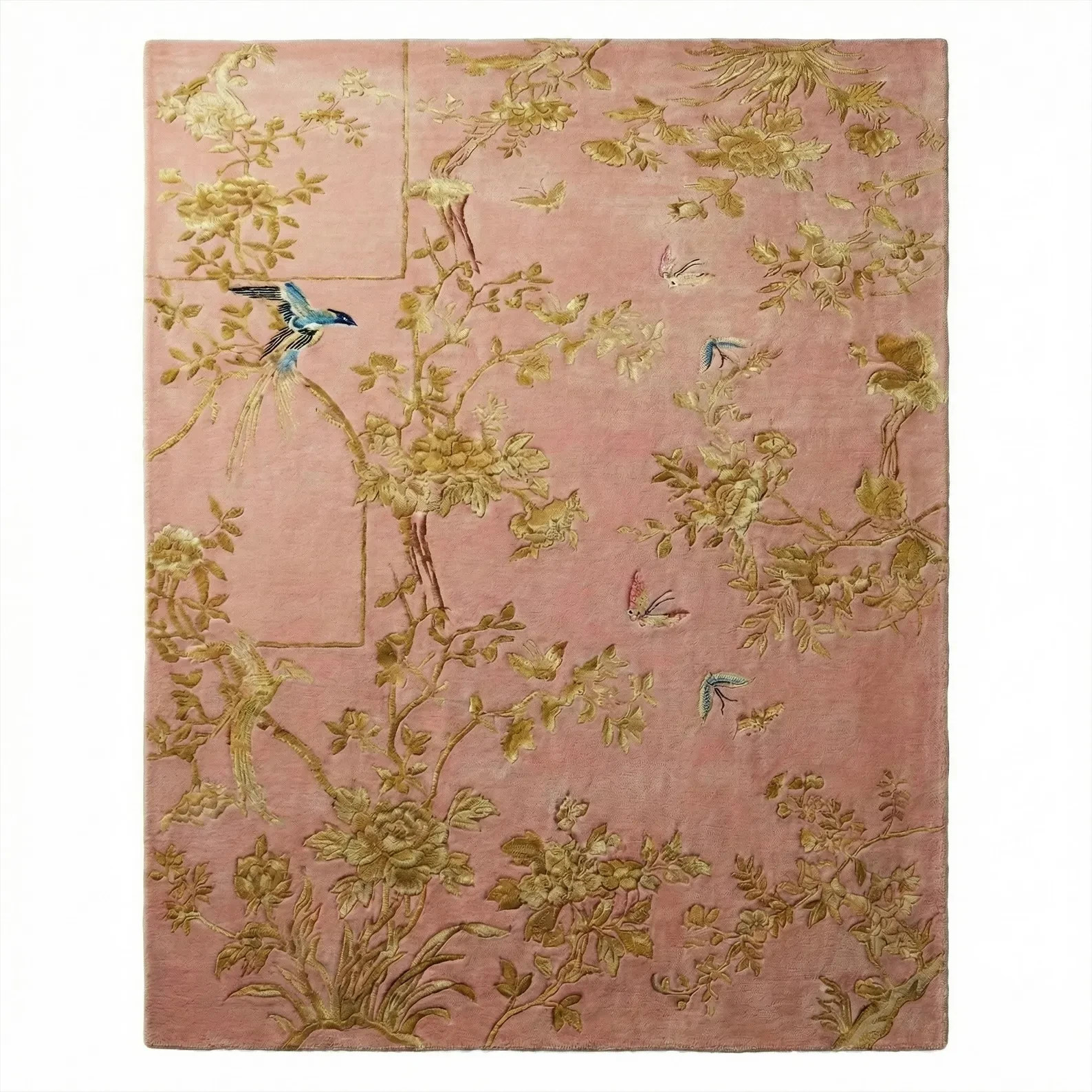 Pink Gold Floral Wool Rug, Hand Tufted Nature Inspired Area Rugs