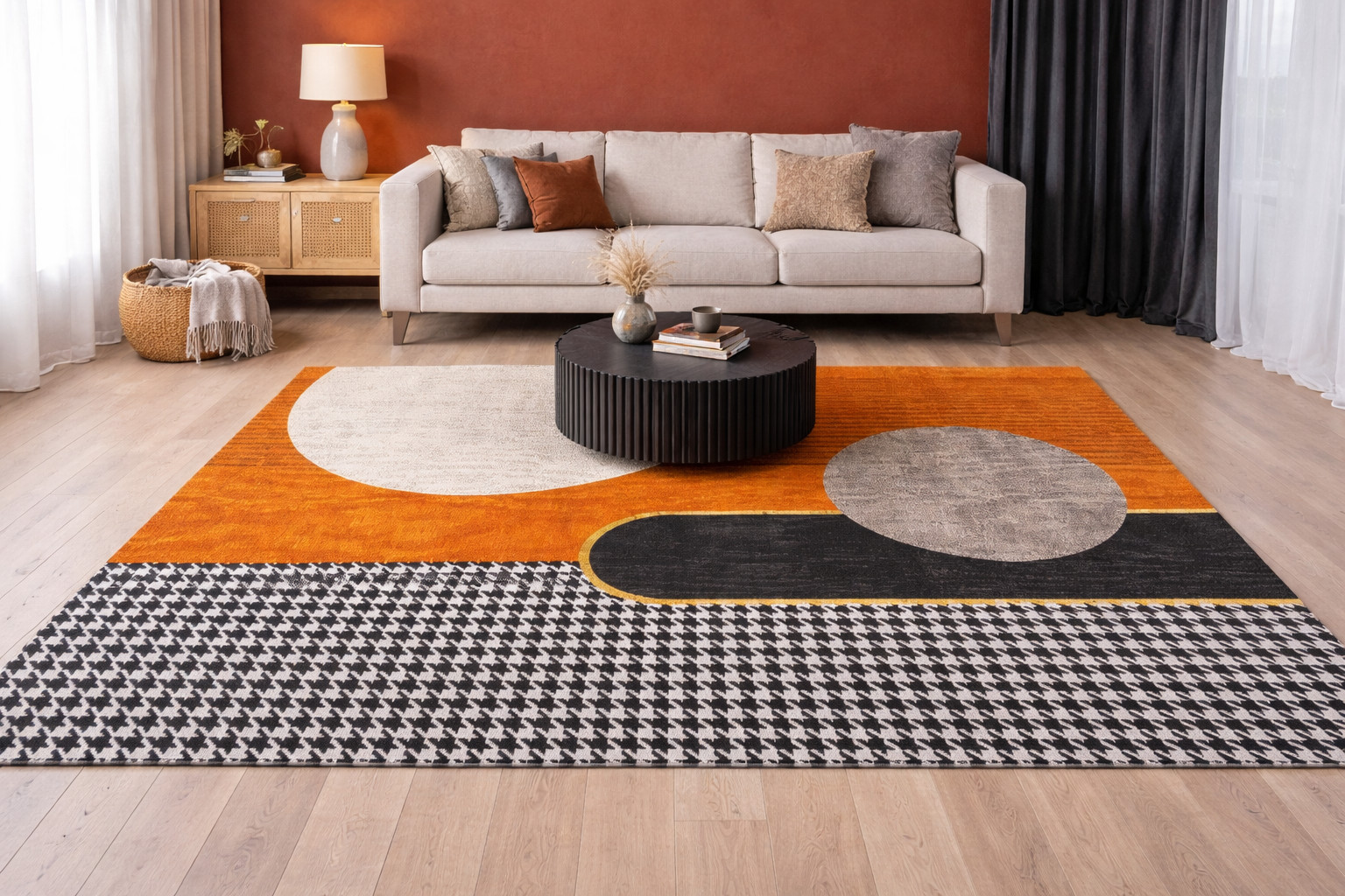 Modern Geometric Area Rug Orange Black Cream 5’3″x7’7″ Non-Slip Indoor