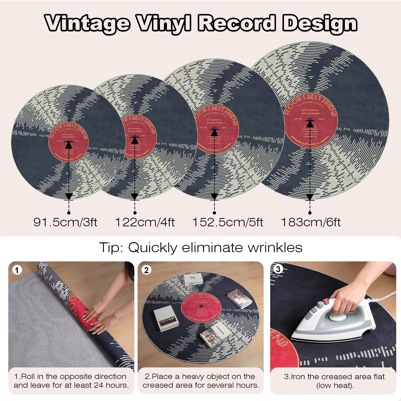 Vinyl Record 5ft Round Rug, Non-Slip Round Area Rug for Living Room, Bedroom,…