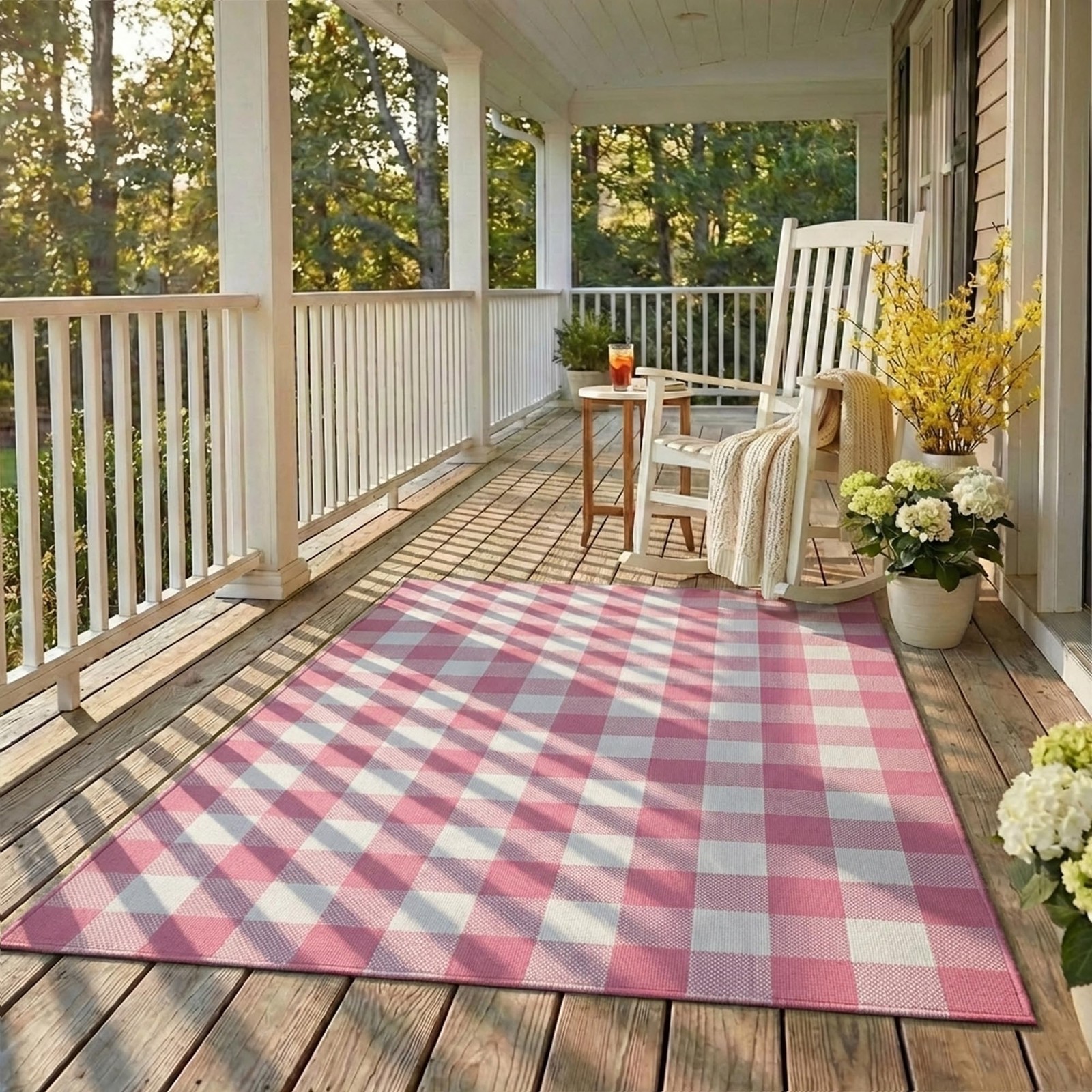 Spring Pink White Plaid Rug 3×5 Feet Cotton Blend Layered HandWoven Doormat