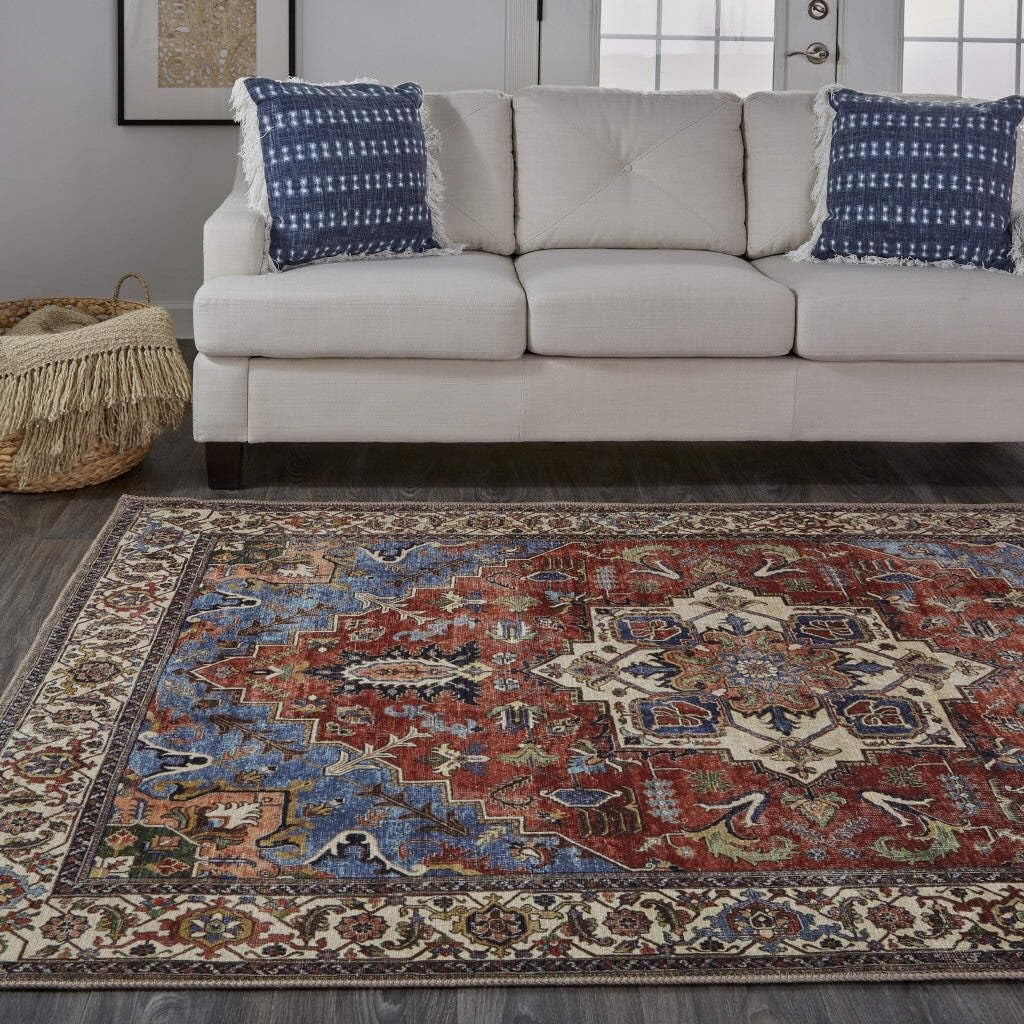 8′ X 10′ Blue Red And Ivory Floral Area Rug