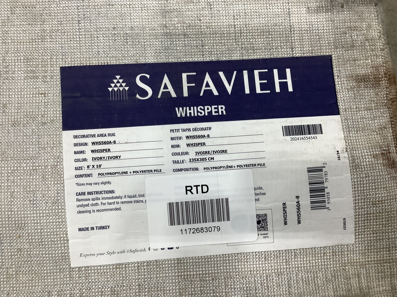 IVORY / IVORY 8′-0″ x 10′-0″ Stained Rug, Reduced Price 1172683079 WHS560A-8