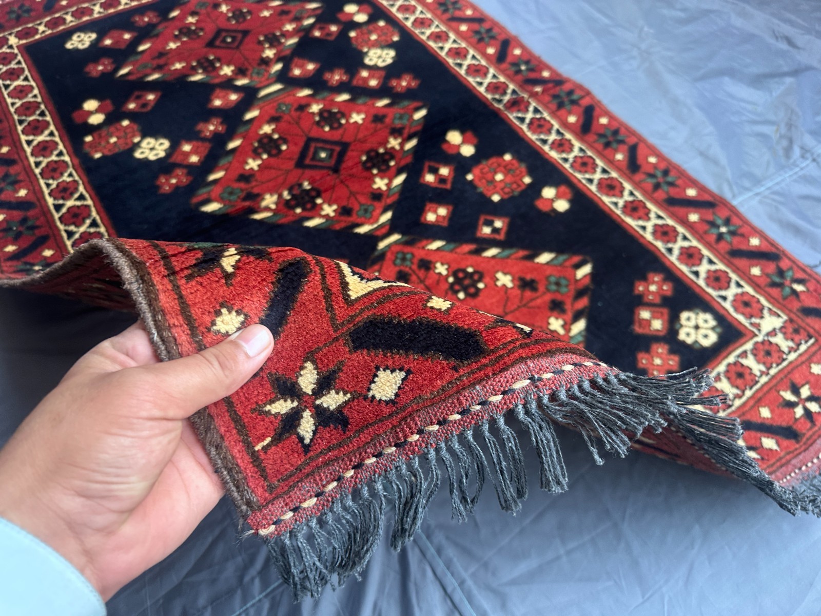 Red Turkish 3x4ft Vintage Hand Knotted Wool Rug Geometric Caucasian Area Carpet