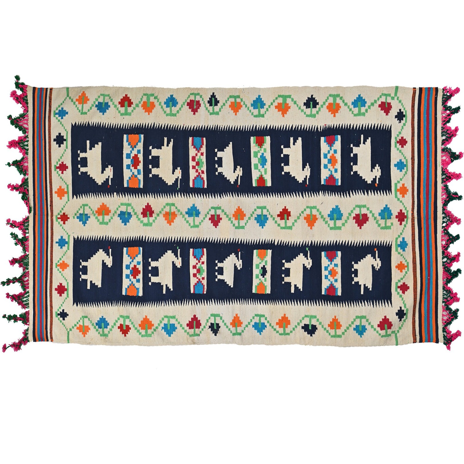 Beige Folk Art Punjabi Dhurrie Rug 3.9″x6.9″ Ft Handwoven Flatweave Cotton Rug