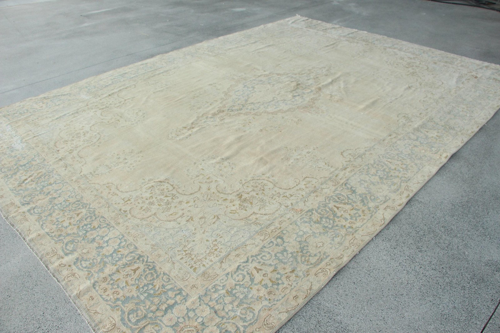 Vintage Rug, 9,5×13,3 ft Turkish Rug, White Blue Southwestern Wool Rug