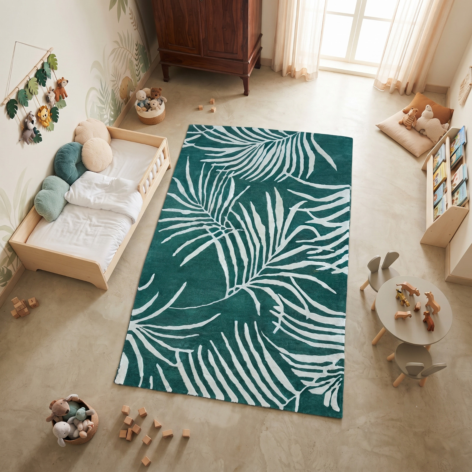 5×8 Teal Green Hand Tufted Wool Rug Modern Tropical Leaf Area Carpet