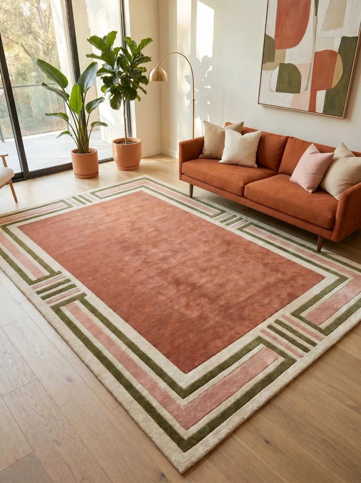 Hand Tufted Wool Rug 9×12 Large Modern Geometric Border Rug, Terracotta Area Rug