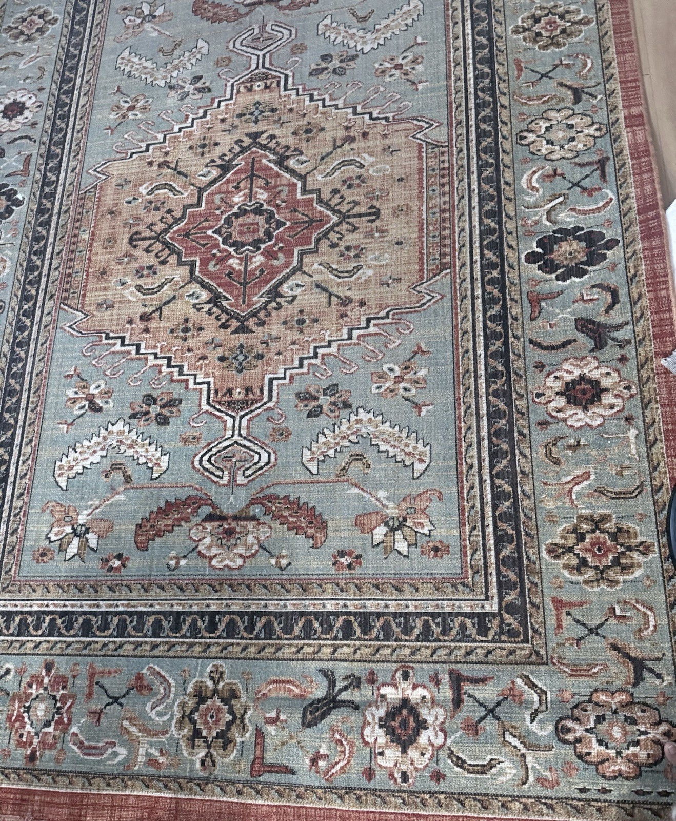 Blue Beige Geometric Medallion Rectangle Area Rug, Red Black Brown Accents