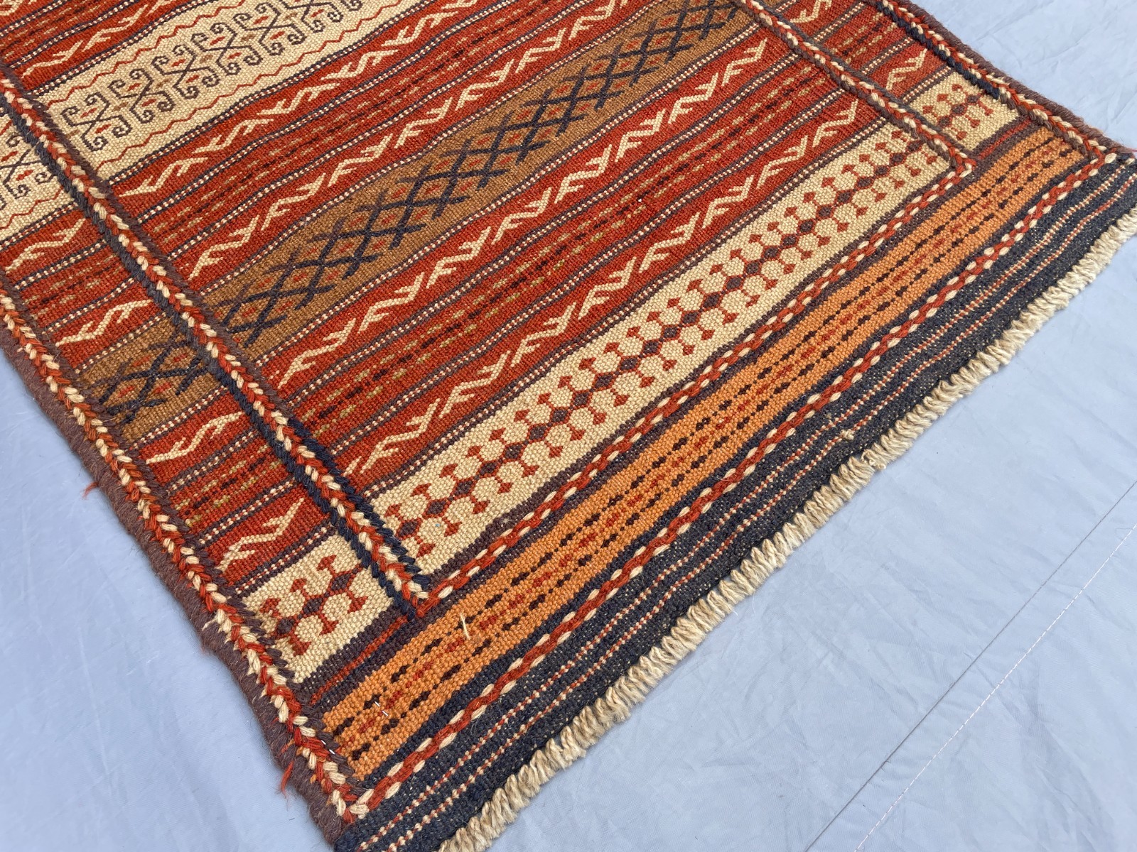 2×3 Handwoven Afghan Kilim Rug Tribal Wool Flatweave with Hooked Motifs N Stripe