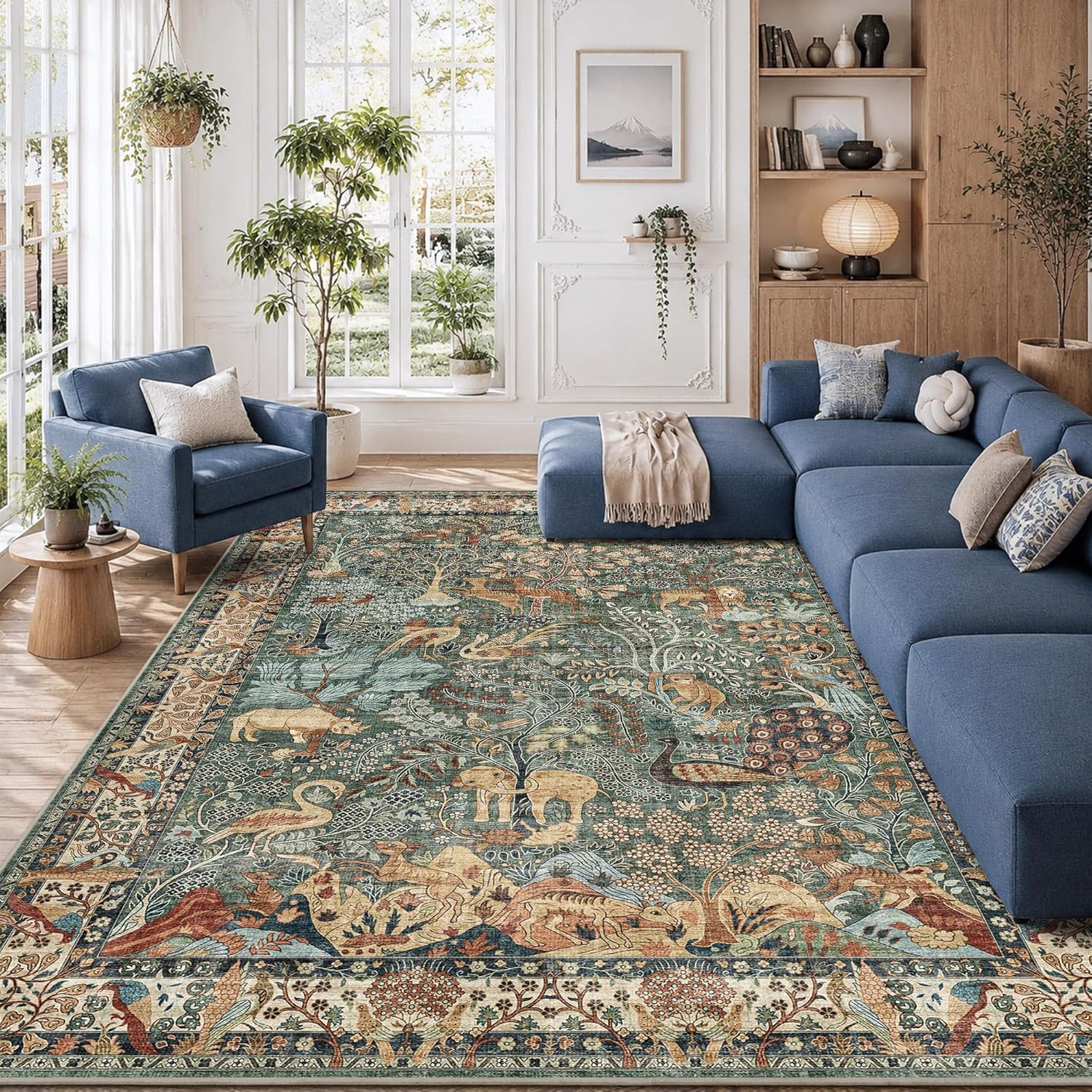 8X10 Green Boho Area Rug, Vintage Jungle Animal Print Large Washable Rug, Non Sl