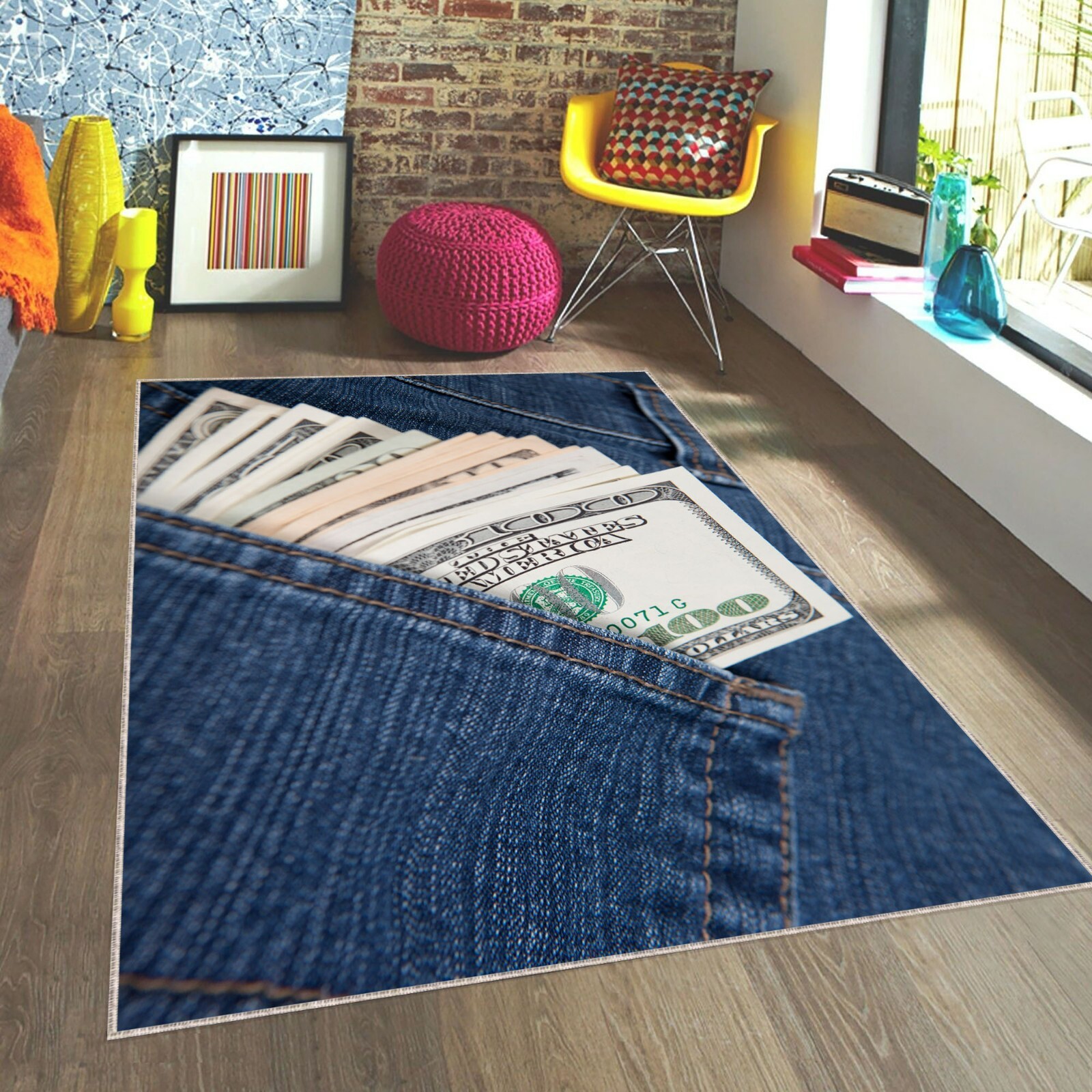 Money Pocket Rug, 3D Dollar Bill Design, Denim Jeans Carpet, Unique, 100 Usd