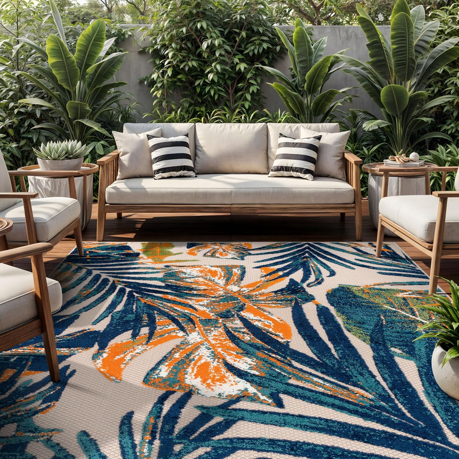 Tropical Floral Indoor/Outdoor Rug – Durable, Easy to Clean, 7’10” x 10