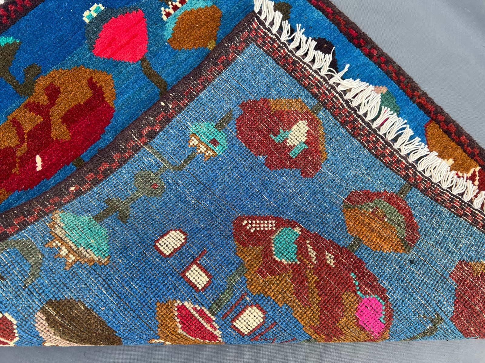 2’1 x 2’8 Ft Colorful Afghan War Rug – Opium Trade Pictorial Design Blue Field